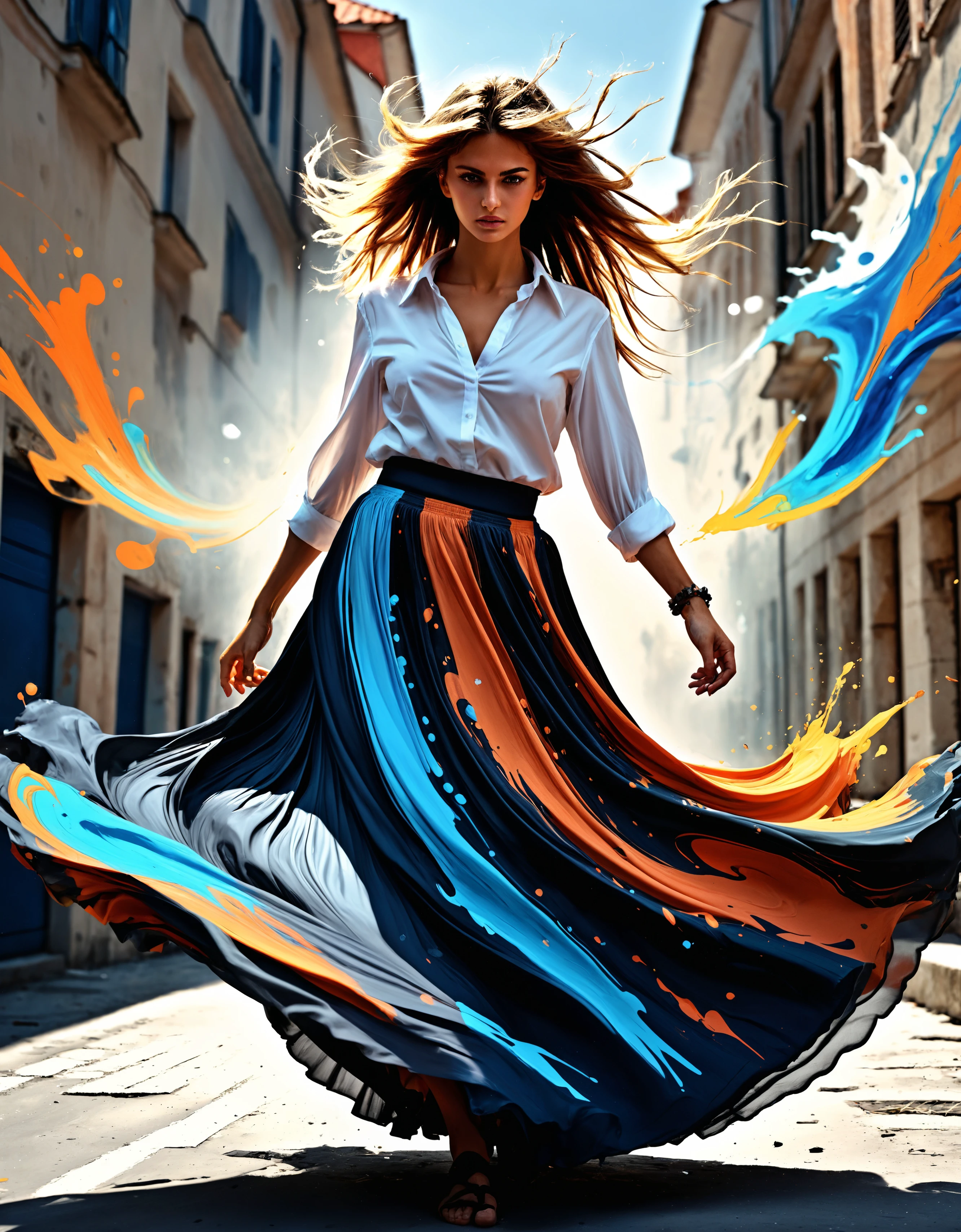 zavy-lqdprtrt, liquid paint, Furious Celestial large Croatian Guy, he is dressed in Maxi skirt and blouse, his hair is Flowing, Ultra Detailed, Fluxus Art, F/1.8, Colorful, beautiful, contest winner, stunning detail, dynamic dramatic beautiful full taking, dynamic cinematic perfect background, great light, cinematic perfect intricate stunning fine detail, enhanced quality