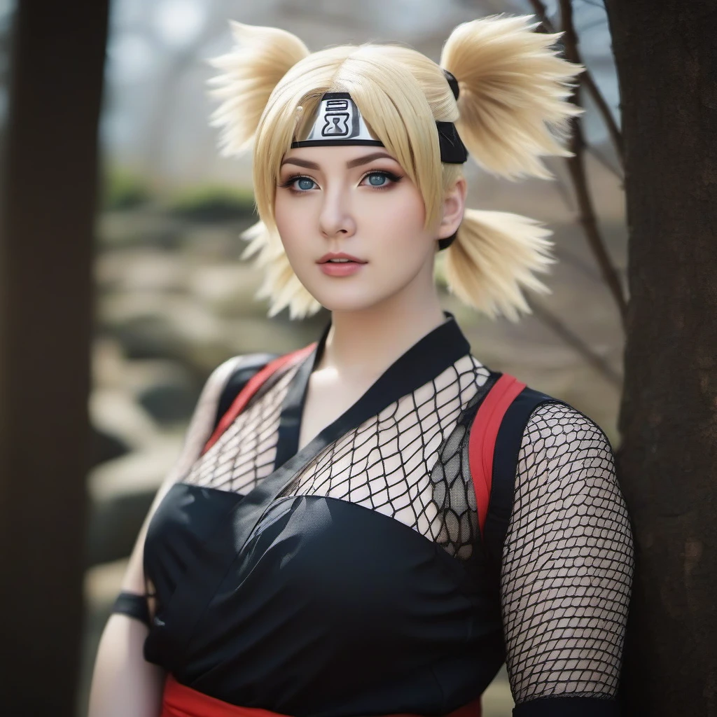 cinematic photo 1girl, quad tails, blonde hair, fingerless gloves, forehead protector, blue eyes,  fishnet, japanese clothes, toeless footwear, large breast, cleavage, japanese garden <lora:Temari1024:0.8> . 35mm photograph, film, bokeh, professional, 4k, highly detailed