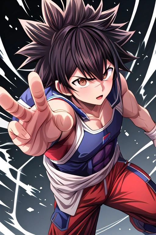 high resolution, solo, best quality, 1Boy, Kanata Hoshijima, Black hair, Brown Eyes, Goku’s Kamehameha, powerful, focused, intense,