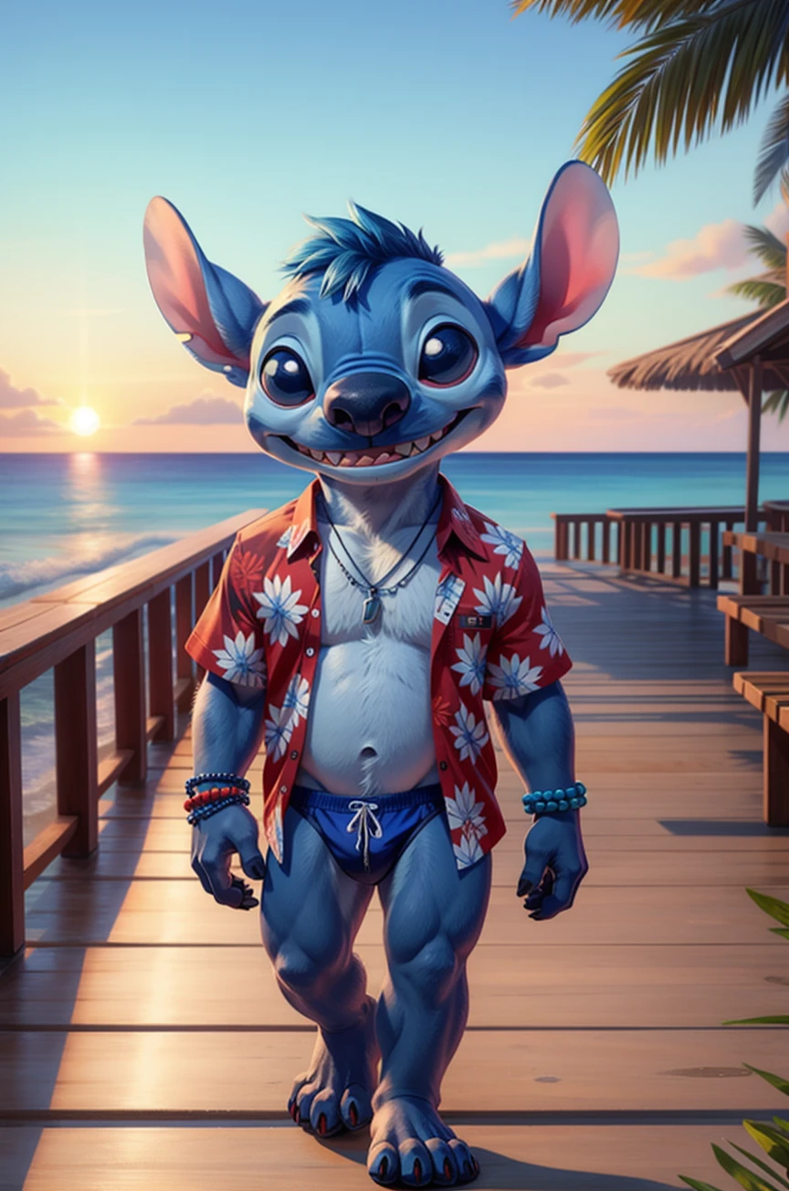 stitch \(lilo and stitch\), male, solo, 1boy, blue fur, notched ear, chibi, cute, masterpiece, extreme detail, experiment \(lilo and stitch\), aloha shirt, unbuttoned shirt, open clothing, pattern topwear, floral pattern, chest tuft, male swimwear, speedo, toe claws, 4 toes, 4 fingers, finger claws, sharktooth necklace, beaded bracelet, big head, shortstack, petite, sandals, walking, boardwalk, sea, pier, outside, sunset, smile, blue hair, blue eyes, shy grin