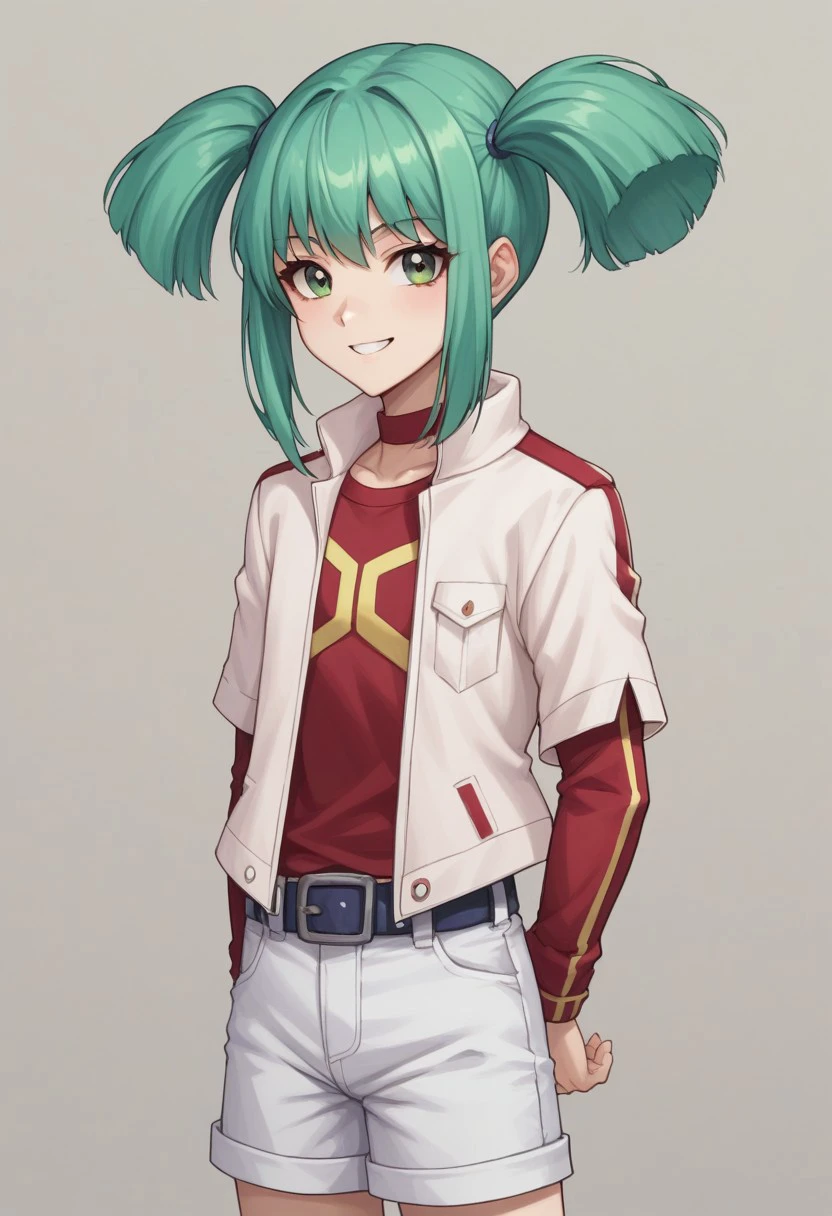 score_9, score_8_up, score_7_up, source_anime, highly detailed, 
luna5d, 1girl, solo, shorts, white shorts, belt, twintails, green hair, jacket,
green eyes, open clothes, shirt, red shirt, looking at viewer, smile, arm behind back, long sleeves, standing, open jacket, sidelocks, upper body