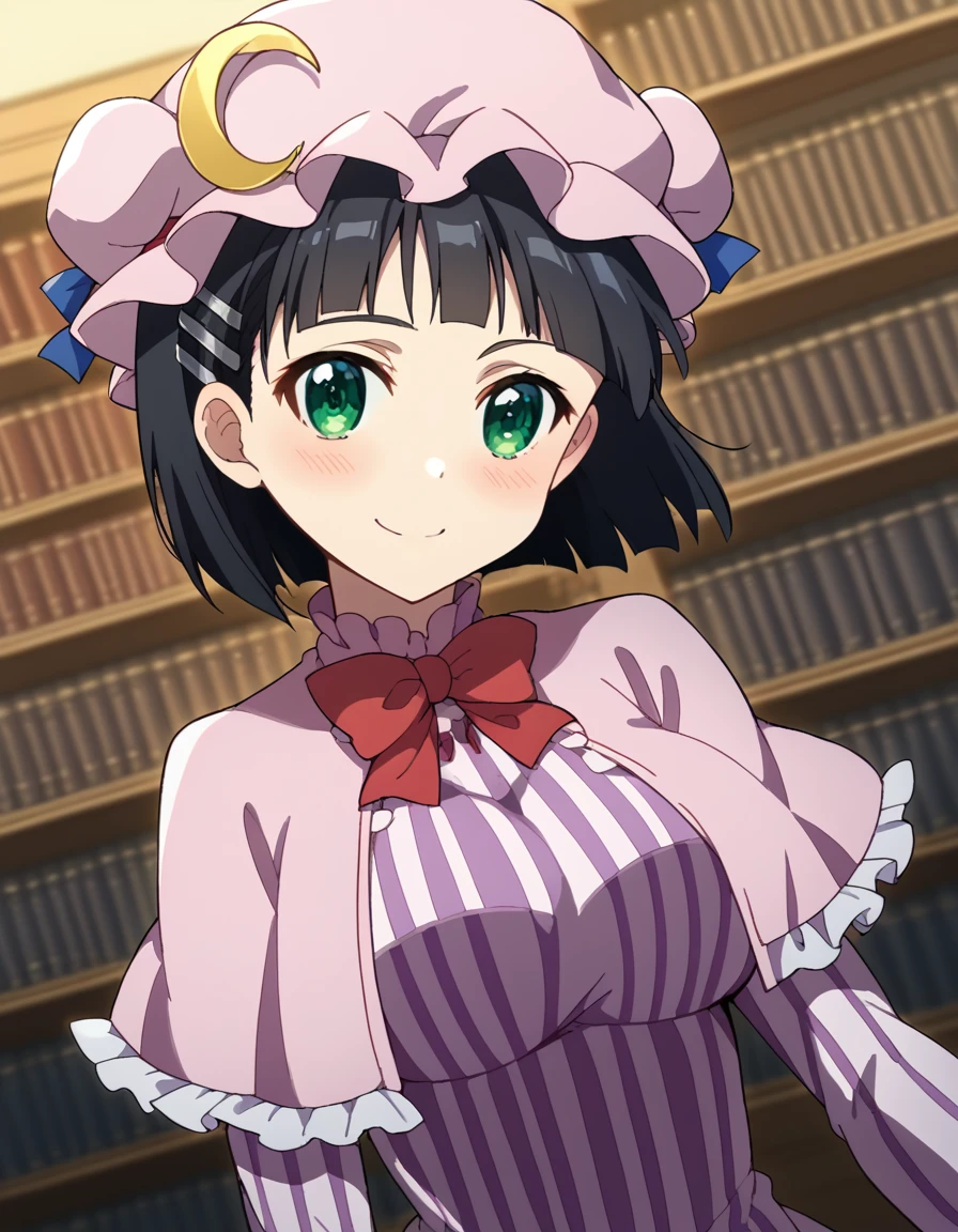 score_9, score_8_up, score_7_up, source_anime, suguhakirigaya, <lora:suguha-kirigaya-s1-ponyxl-lora-nochekaiser:1>, suguha kirigaya, short hair, black hair, hair ornament, hairclip, green eyes, large breasts,, <lora:patchouli-knowledge-cosplay-ponyxl-lora-nochekaiser:1>, patchouliknowledgecosplay, patchouli knowledge \(cosplay\), blue bow, bow, crescent, crescent pin, dress, hair bow, hat, mob cap, pink dress, pink hat, red bow, capelet, long sleeves, frilled sleeves, frilled capelet, striped clothes, striped dress,, indoors, library, smile, blush,, cowboy shot, dutch angle, solo,