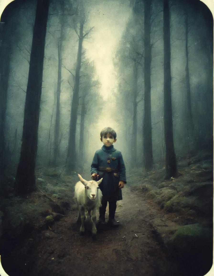 pinhole photo of a small boy and his goat travel through a luminous fantasy forest deep ominous trail hidden watchful eyes