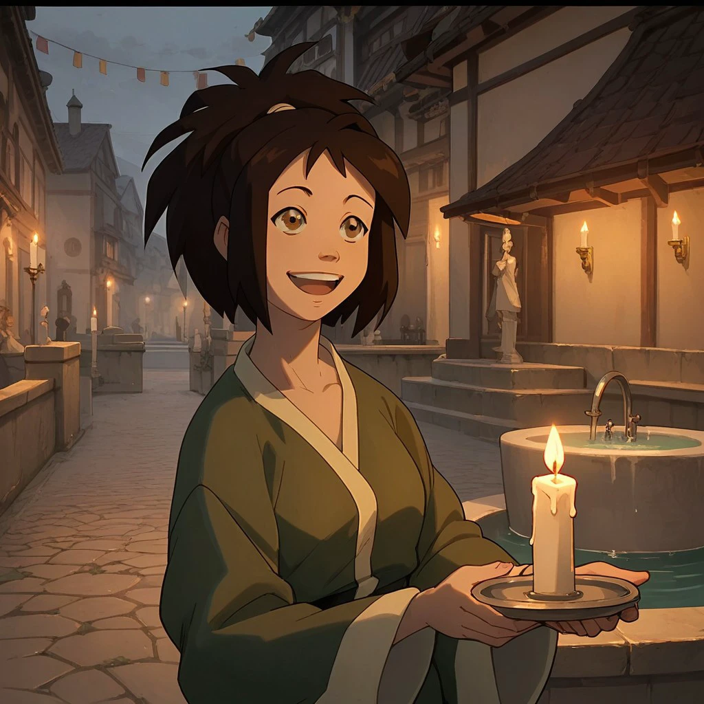 score_9, score_8_up, score_7_up, score_6_up, score_5_up, score_4_up, 1girl, JinZuko, surrounded by candles, happy, next to a fountain , standing, solo, holding a candle