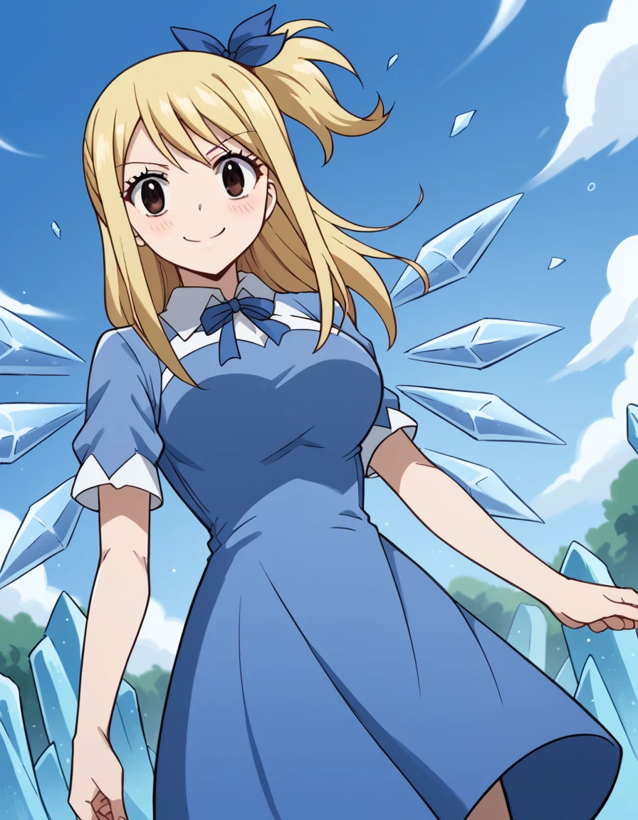 score_9, score_8_up, score_7_up, source_anime, lucyheartfilia, <lora:lucy-heartfilia-s7-ponyxl-lora-nochekaiser:1>, lucy heartfilia, blonde hair, brown eyes, long hair, one side up, ribbon, hair ribbon, blue ribbon, large breasts,, <lora:cirno-cosplay-ponyxl-lora-nochekaiser:1>, cirnocosplay, cirno \(cosplay\), blue dress, dress, ice, ice wings, ribbon, short sleeves, wings,, outdoors, street, smile, blush,, cowboy shot, dutch angle, solo,