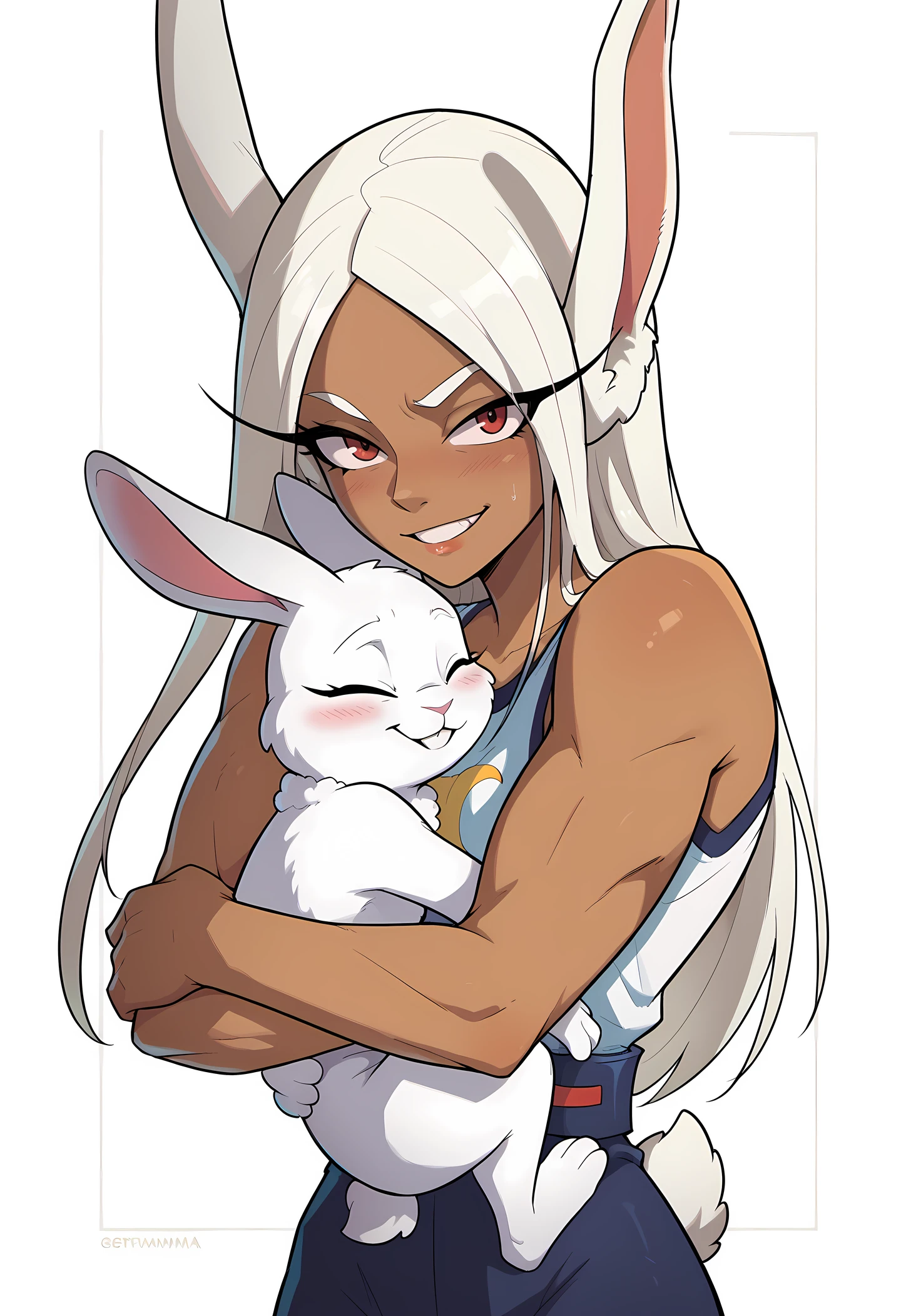 score_9, score_8_up, score_7_up, score_6_up, 1girl, rumi usagiyama, dark skinned female, hugging a white rabbit