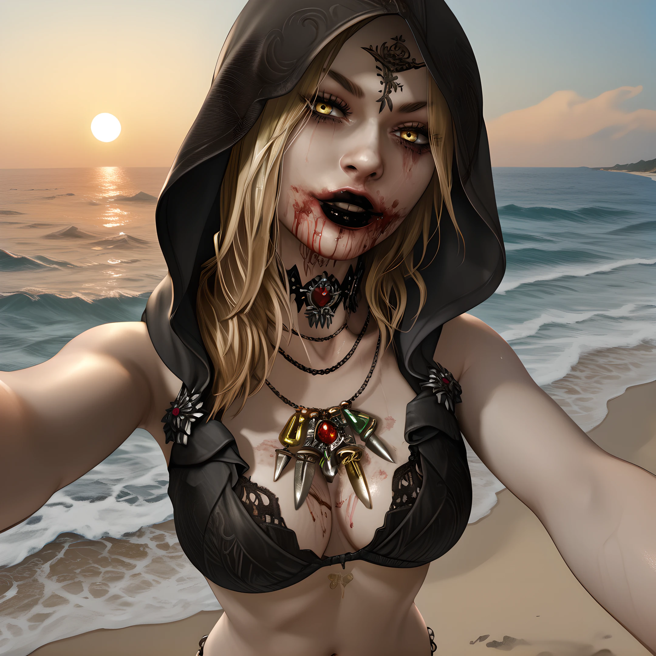 bela, 1girl, solo, blonde hair, hood, jewelry, long hair, necklace, blood, looking at viewer, yellow eyes, hood up, black lips, blood on mouth, <lora:Bela_Dimitrescu_-_Resident_Evil_Village:0.9>
BREAK
level_9, level_8_up, level_7_up, level_6_up, level_5_up, source_cartoon, masterpiece 
BREAK
on the beach, beach, ocean, sun, selfie, bikini, whole body, cleavage, navel, belly button,