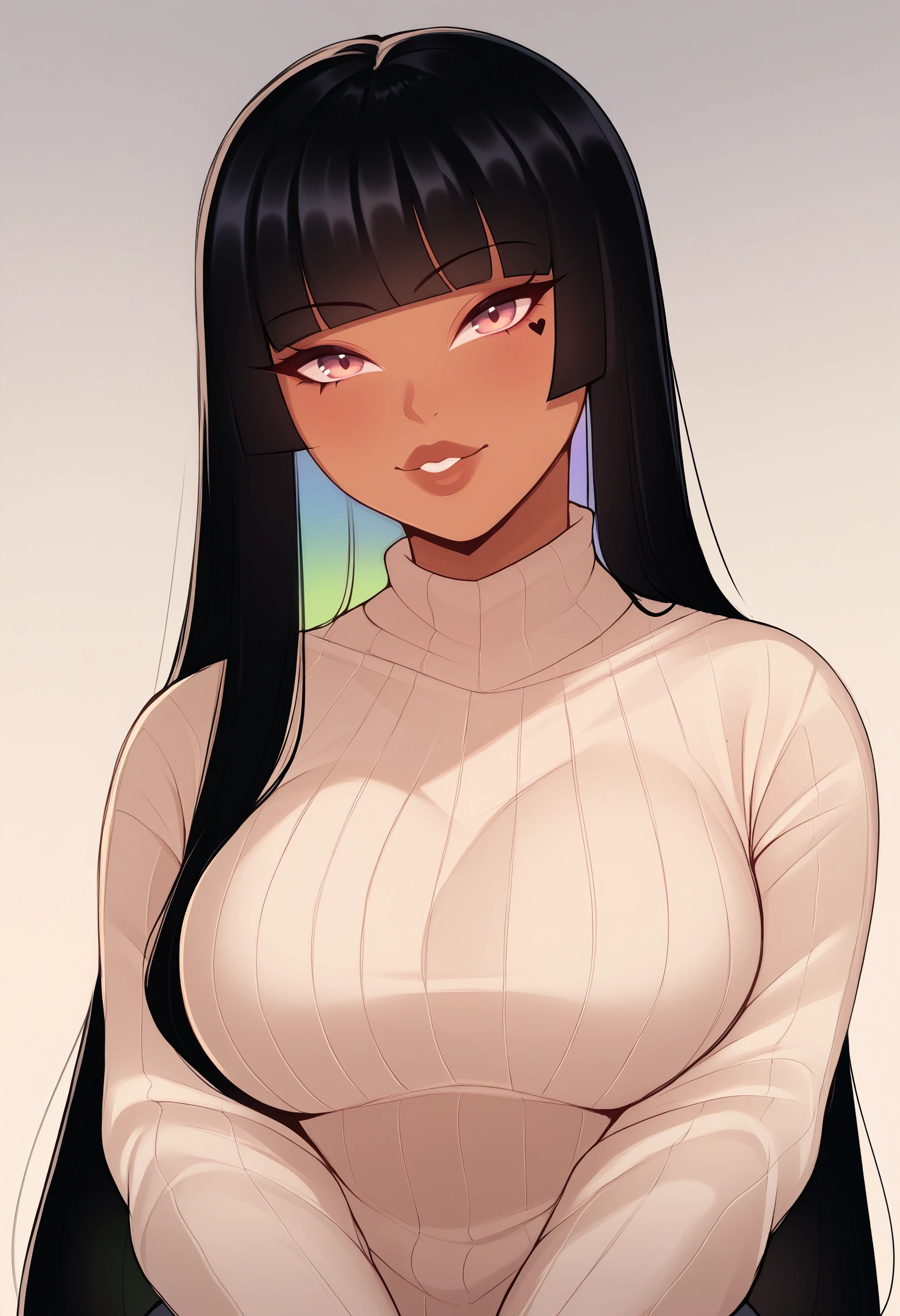 score_9, score_7_up <lora:sonacb-guy-PONY-LyCORIS-v1:1>, sonacb, dark skin, black hair, long hair, hime cut, colored inner hair, makeup, portrait, looking at viewer, sweater, breasts