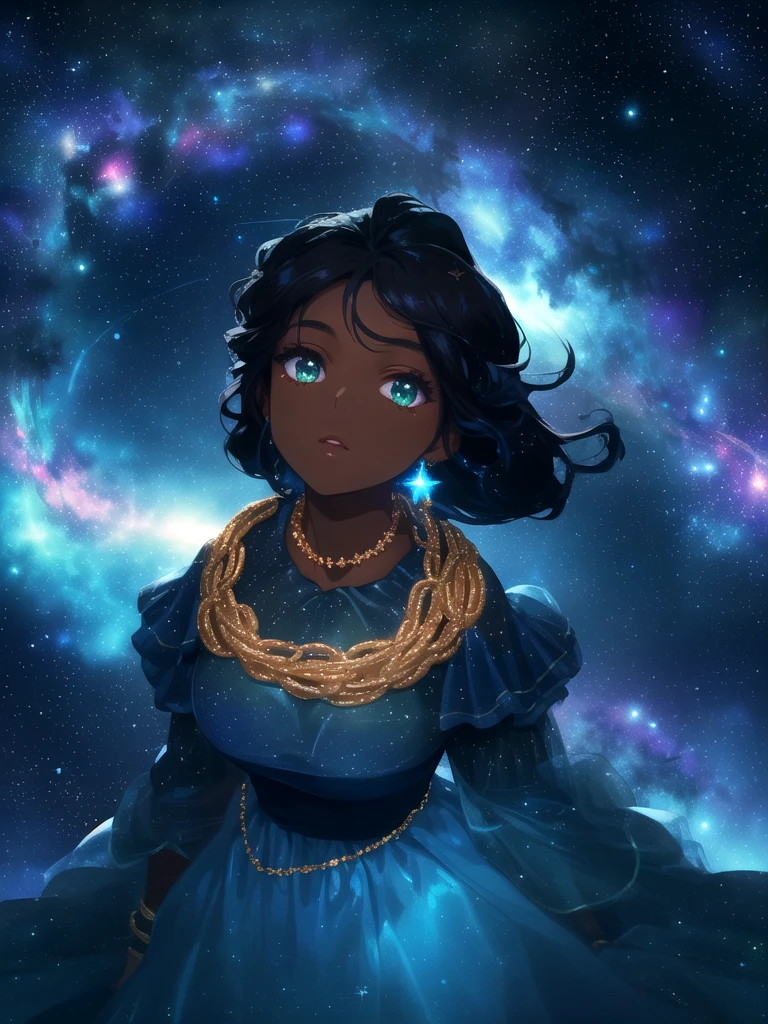 (real photo of a gorgeous lady with dark skin wearing a shiny blue dress:1.1), night sky with stars, soft glow, realistic dark lighting, looking up, black hair, green eyes, golden chains, (shiny gold:0.3), cosmic background reflecting on her skin, dreamy, (lens effect, lens glare:0.45)