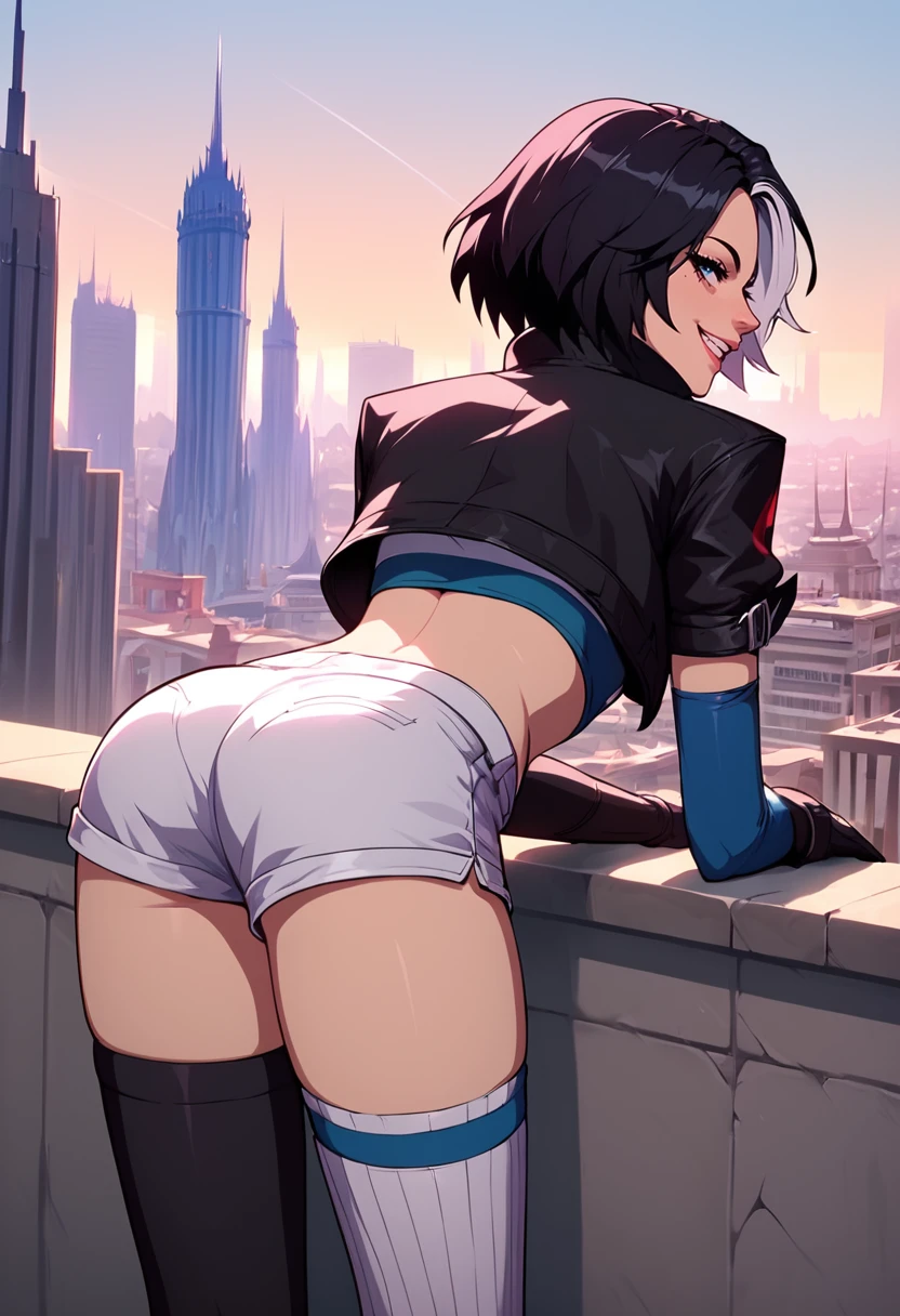 score_9, score_8_up, score_7_up,score_6_up, source_anime,g4n1m3, <lora:g4n1m3XLP:1>
BREAK
 lunasnow,black hair,  two-tone hair,smirk, cropped jacket, midriff, white shorts,thighhighs,balcony, city, standing, bent over, back view, ass focus,  gloves, asymmetrical legwear,   <lora:lunasnow-08:0.8>