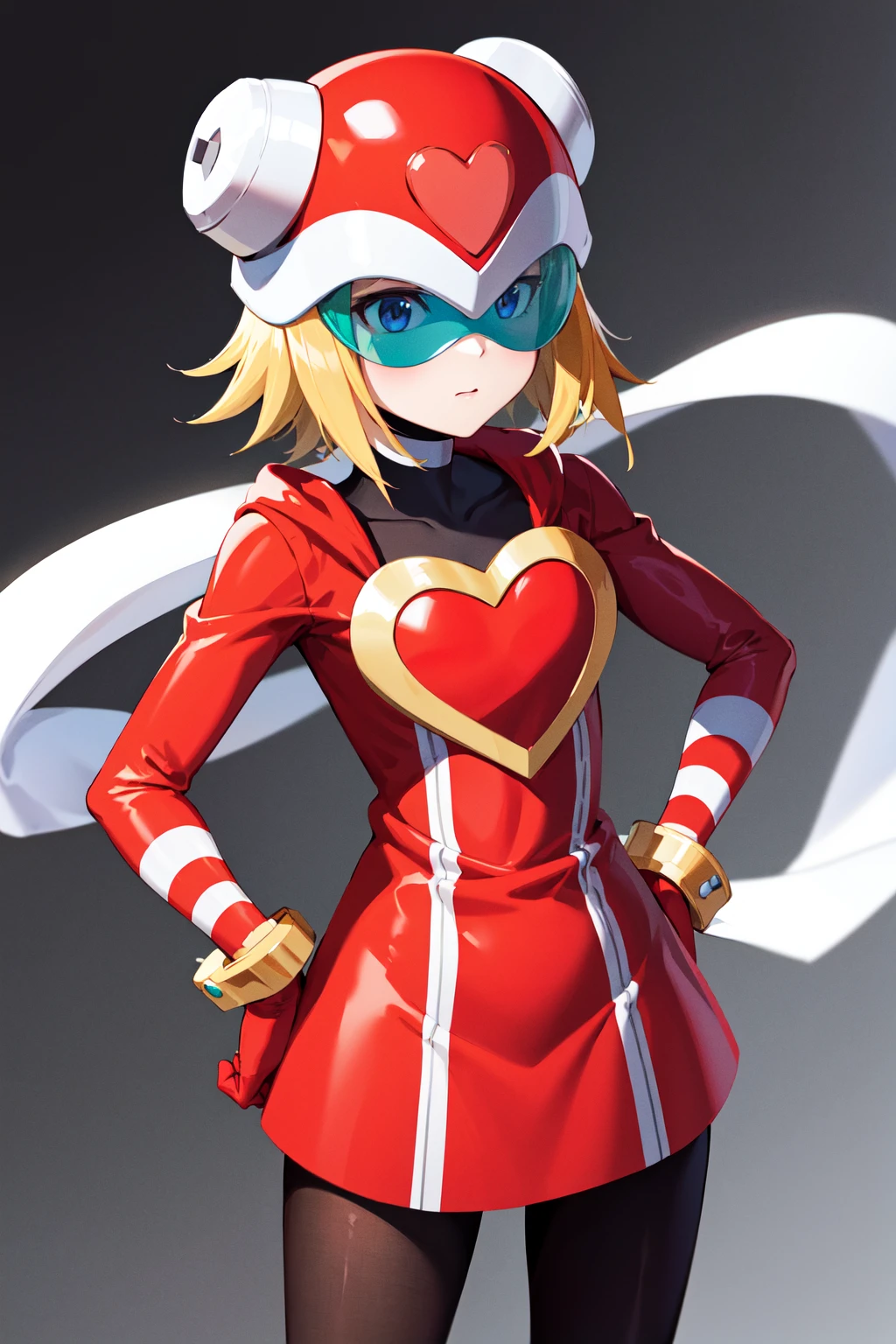 masterpiece, best quality, highres, 1girl, solo, short hair, blonde hair, helmet, red headwear, goggles, white choker, white scarf, bodysuit, red dress, heart, striped, bracelet, red gloves, black pantyhose, <lora:hibiki_misora_(harp_note)_v1:0.7>, hands on hips,