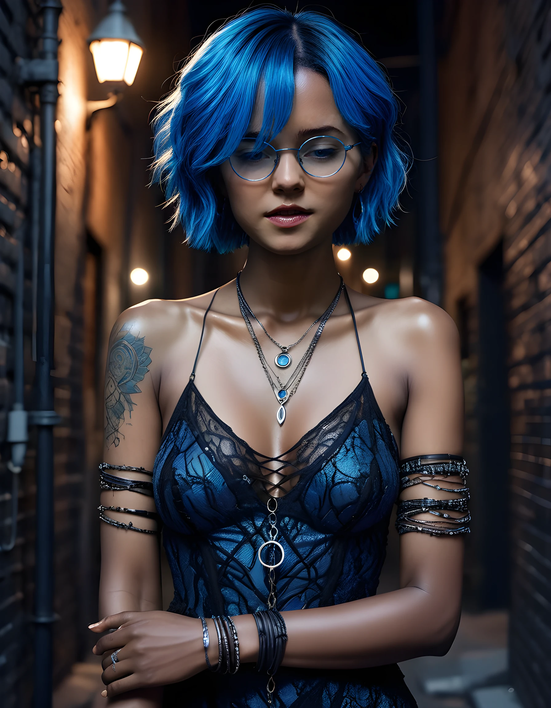 In a gritty, neo-noir setting, the enigmatic LYR4CR, her short, electric blue hair contrasting starkly against her dark skin, stands tall and poised in a dimly lit alleyway. Her piercing gaze, hidden behind vintage spectacles with thick black frames, is fixed intently on the viewer. A delicate silver necklace adorned with a single, glowing emerald pendant rests upon her bare collarbone. The intricate, tribal tattoo cascading down her arm catches the flickering light of a nearby streetlamp, casting a mesmerizing pattern onto the weathered brick wall behind her. She wears an extravagant, intricately beaded dress that shimmers like midnight, paired with black lace-up boots and colorful mismatched socks peeking out from beneath them. Her fingers are adorned with multiple rings and bracelets, while her ears glint with small silver hoops and studs. A sense of vulnerability lingers in the air as she stands still, eyes closed, seemingly lost in a private moment amidst the urban chaos surrounding her.