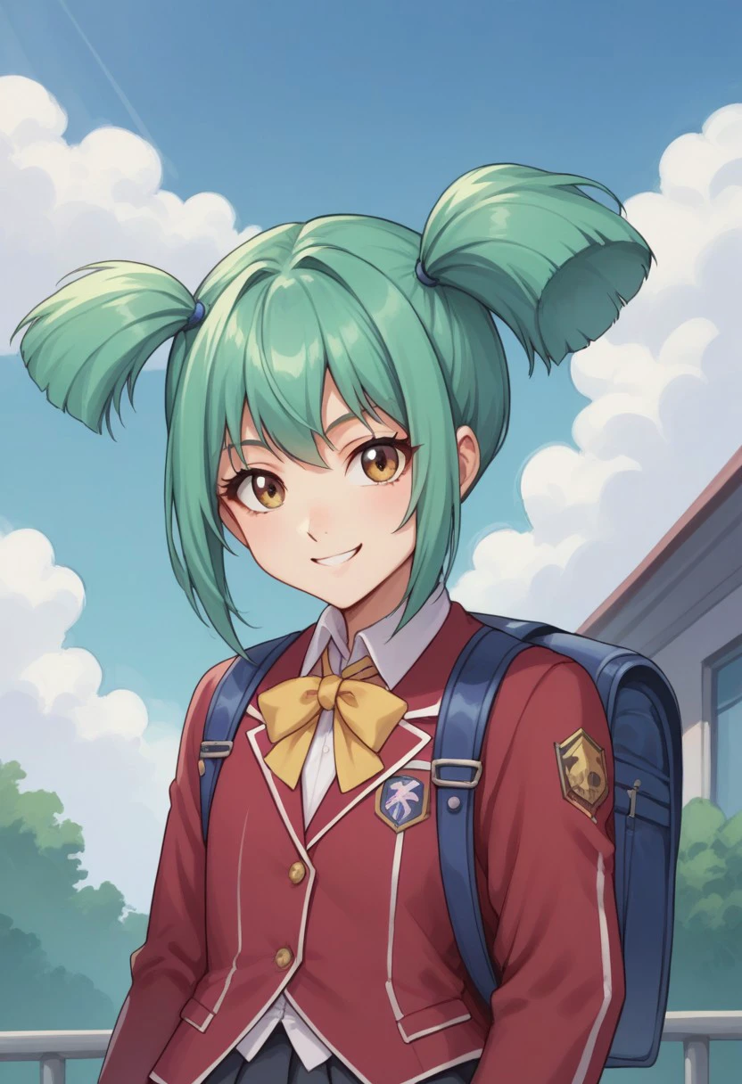 score_9, score_8_up, score_7_up, source_anime, highly detailed, 
luna5d, 1girl, solo, school uniform, skirt, black skirt, bag, green hair, twintails, backpack, upper body, jacket, red jacket, ribbon, yellow ribbon, smile, looking at viewer, 
outdoor, sky, cloud,