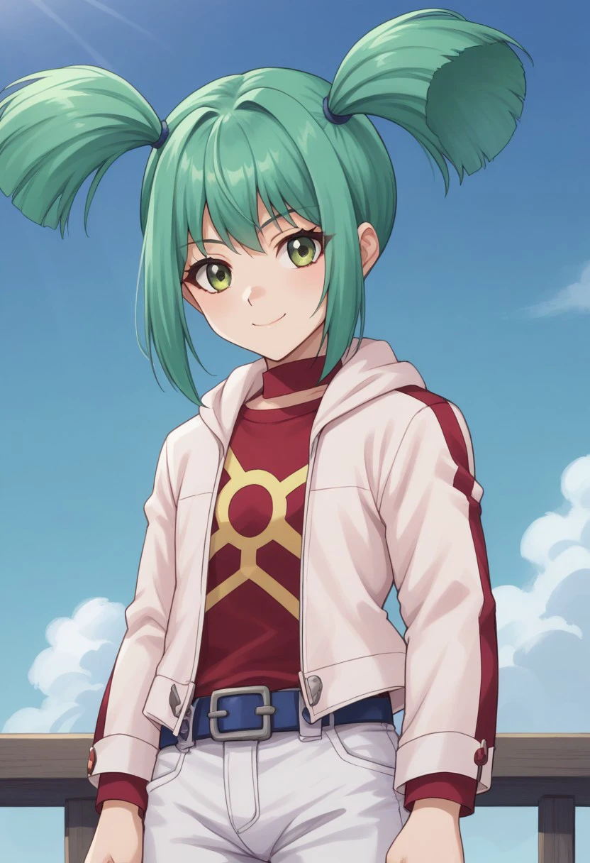 score_9, score_8_up, score_7_up, source_anime, highly detailed, 
luna5d, 1girl, solo, shorts, white shorts, belt, twintails, green hair, jacket,
green eyes, open clothes, shirt, red shirt, looking at viewer, smile, long sleeves, standing, open jacket, sidelocks, upper body
outdoor, sky, cloud,