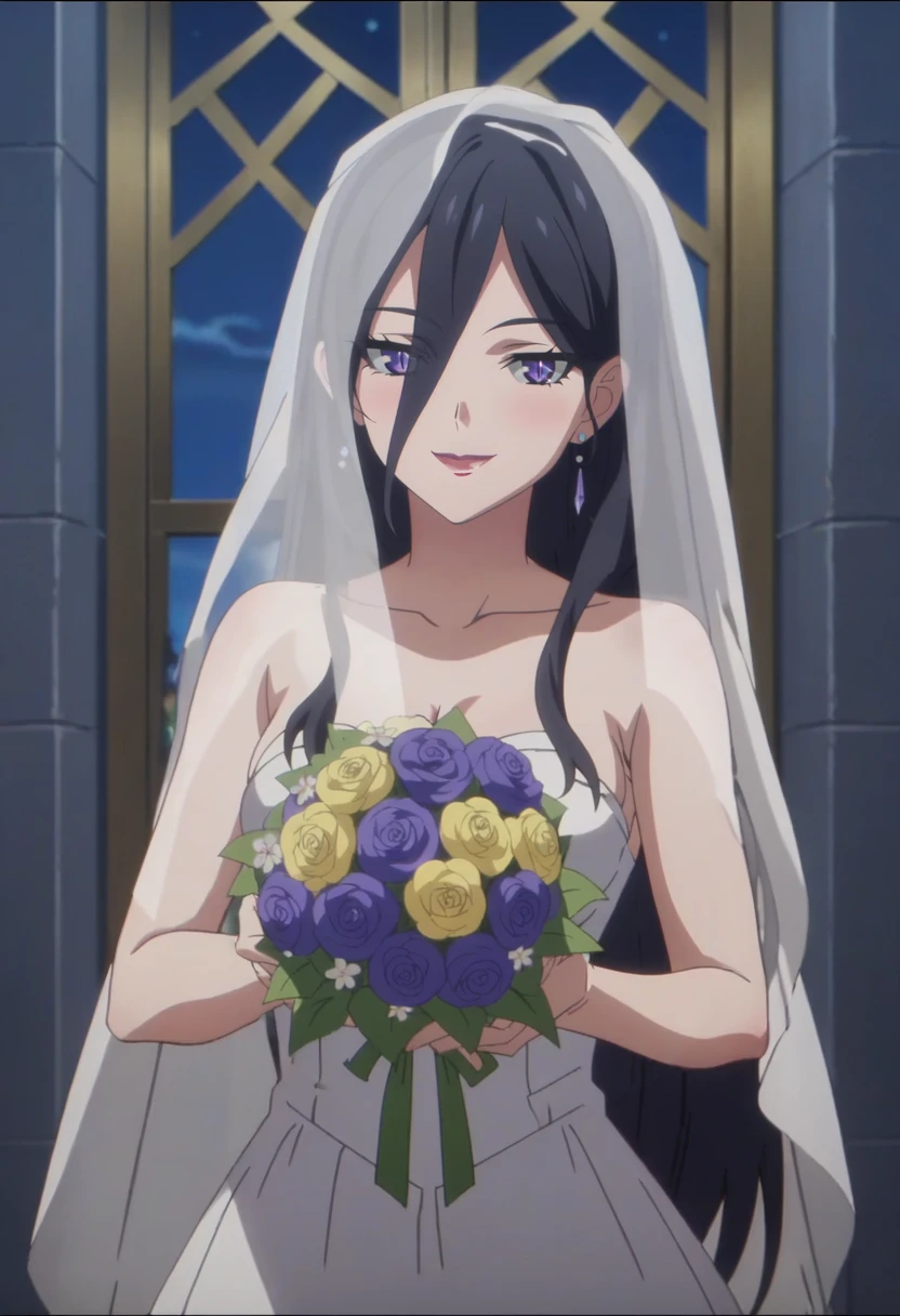 score_9, score_8, score_8_up, score_7_up, score_6_up, 1girl, cefrio, happy, smile, black hair, purple eyes, purple. wedding dress, flower bouquet, anime screencap, line art, flat colors, portrait, happy, indoors, inside a castle from the demon world, ), light by lightning, near window, night, <lora:Cefrio Pony SDXL v1:0.8>