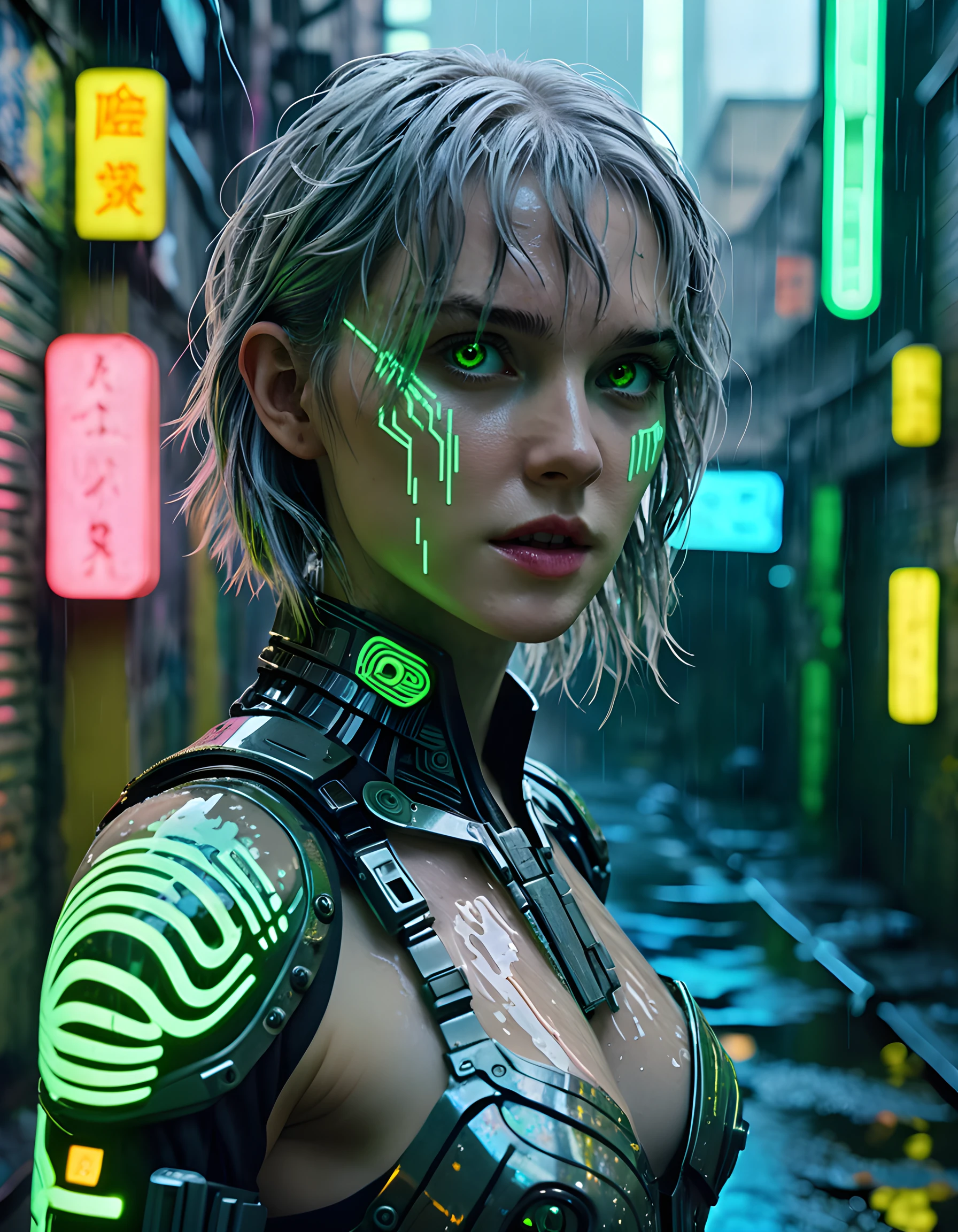 In a gritty, neo-noir setting reminiscent of Blade Runner's rainy dystopian cityscape, the close-up image captures LYR4CR, a woman adorned in an intricate, cybernetic exoskeleton that shimmers with holographic patterns and pulsating neon lights. Her piercing green eyes are filled with determination as she leans against a rusty, graffiti-covered wall, her silver hair cascading down her back like liquid mercury. The scene is bathed in the harsh, yellow glow of neon signs and dimly lit alleyways, while a lone raindrop streaks down the camera lens, adding an element of melancholy to the intense, action-packed atmosphere.