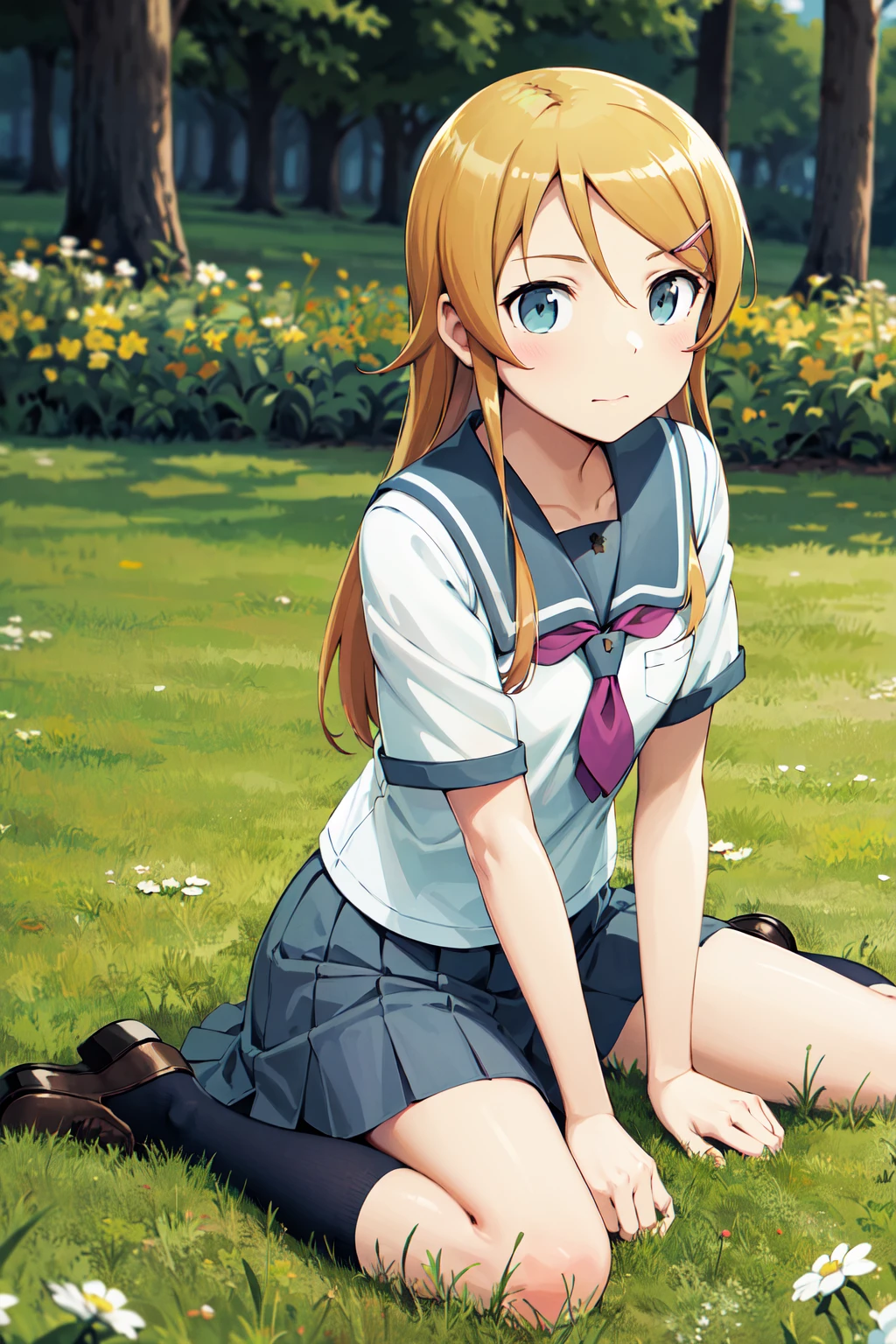 masterpiece, best quality, highres, aakirino, long hair, hairclip, school uniform, grey sailor collar, purple neckerchief, white shirt, short sleeves, pleated skirt, grey skirt, <lora:kousaka_kirino_v1:0.7>, wariza, grass, field, black socks, loafers,