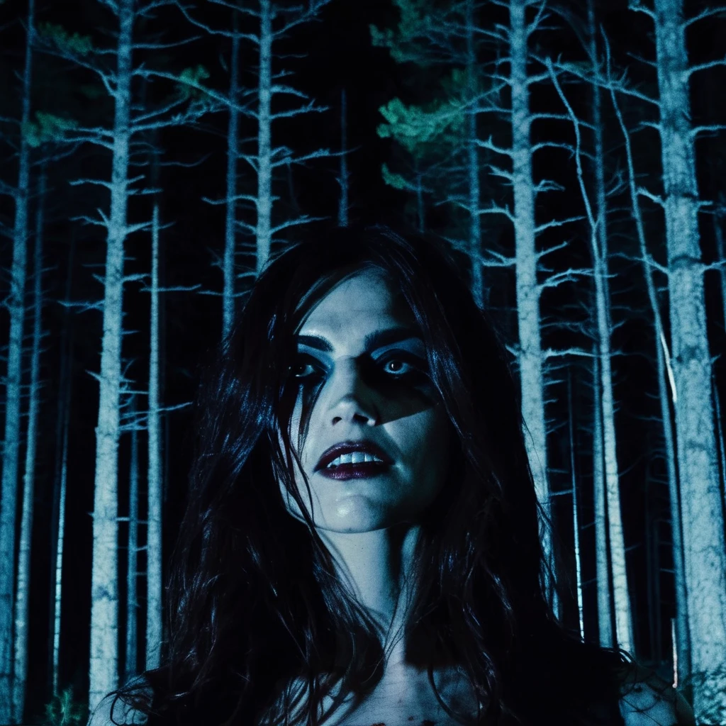 Nighttime Found footage horror, Skin texture, no makeup, Grainy video of a vicious vampire woman in a dark forrest with sharp teeth,low light,looking at the viewer, jenxcolemn, <lora:jencoleman_juggerX_xl_1_wocap_merger_23_145_merger_106_045_055-jenxcolemn:1>