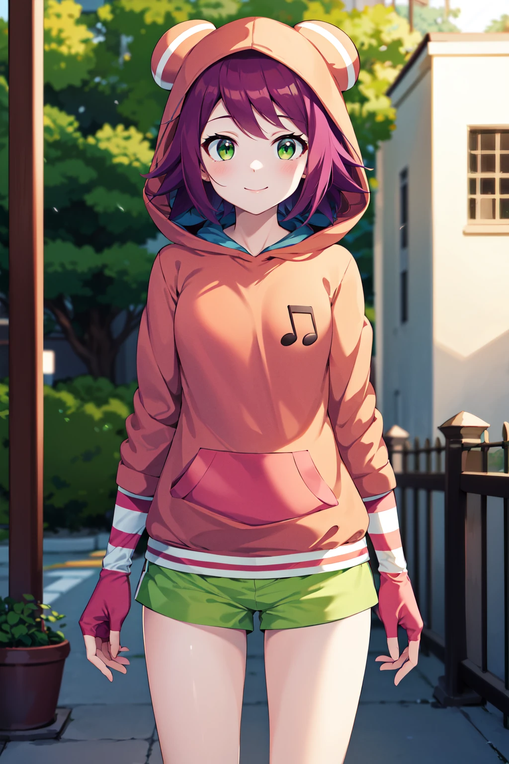 masterpiece, best quality, highres, 1girl, solo, short hair, purple hair, green eyes, hood up, pink hoodie, musical note, elbow gloves, striped gloves, fingerless gloves, green shorts, <lora:hibiki_misora_(harp_note)_v1:0.7>, standing, cowboy shot, outdoors, arms at sides, smile