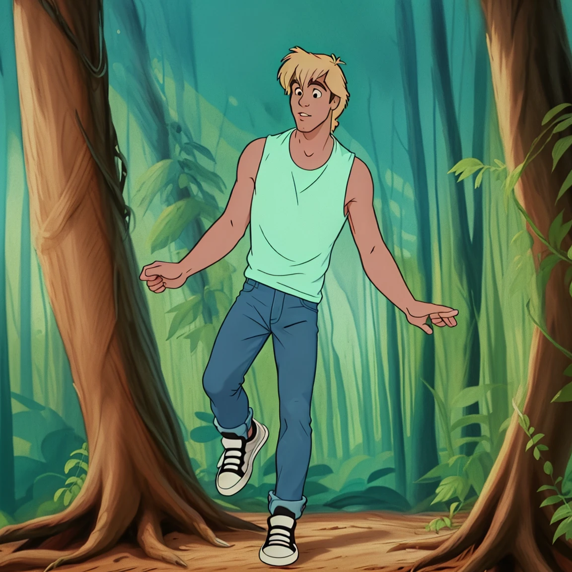 <lora:Zak V1.0-HH-000020:0.75> z9k5, 1boy,disney style animation drawing, drawing with dark lines, flat colors
1boy,man, tank top, jeans, sneakers, forest
 <lora:DisneyRenV2:0.1> disneyrenaissance style