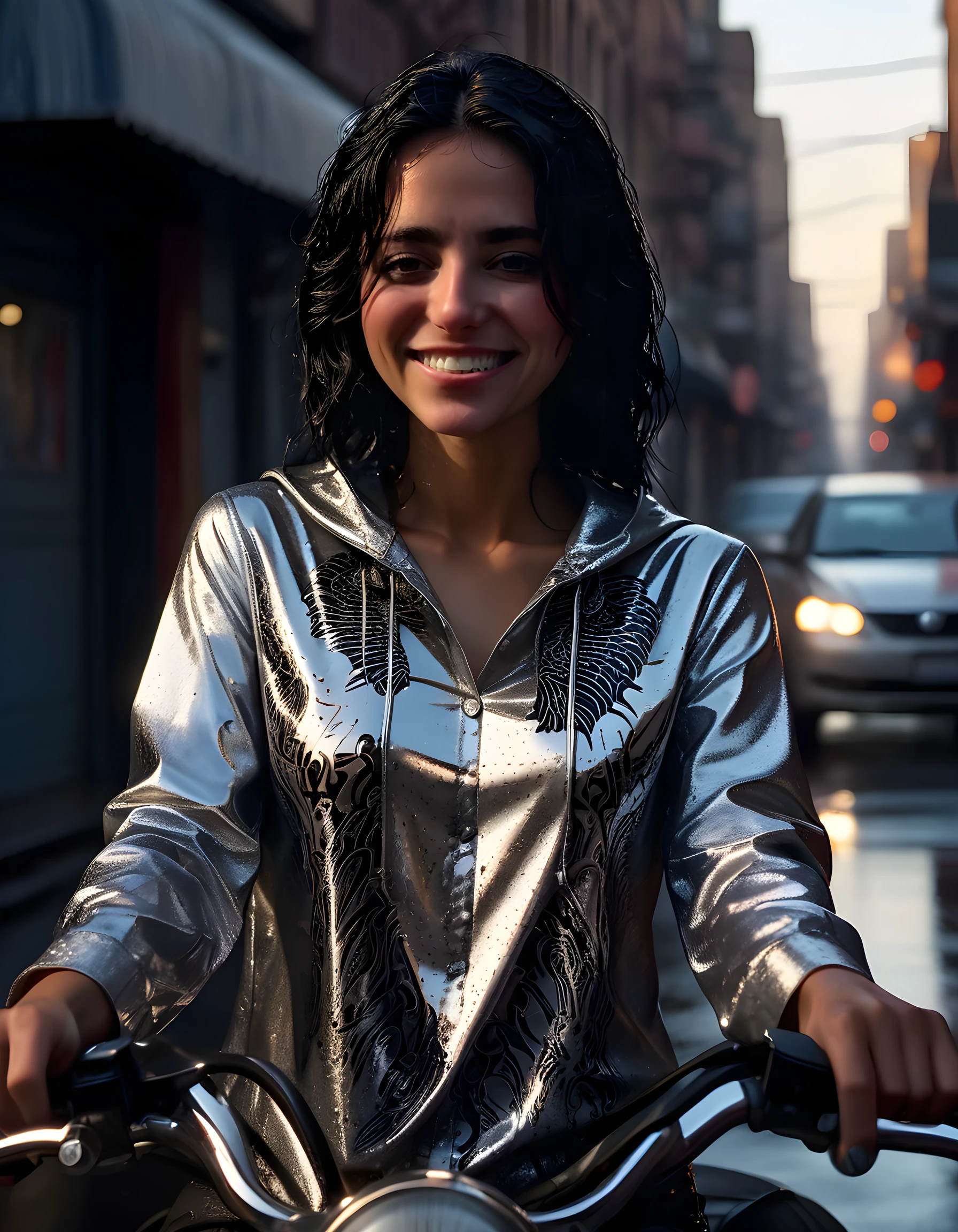 54R4HHB, In a gritty, neo-noir setting, a woman with cascading raven-black hair and a striking smile that reveals a set of brilliant white teeth, clad in an intricately patterned, shimmering silver shirt reminiscent of art deco architecture, stands confidently by the hood of a sleek, vintage chrome-plated motorcycle. The setting sun casts long, dramatic shadows over the desolate, rain-soaked street behind her, bathing her in a warm, ethereal glow while she fixes the viewer with an intense, unwavering gaze, exuding a sense of power and mystery.