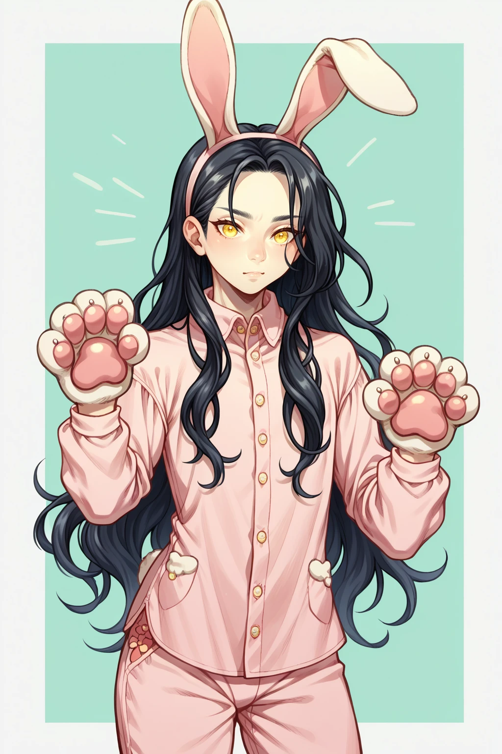 score_9, score_8_up, androgynous, solo, <lora:NSLimstellaFE7:1> NSLimstellaFE7, black hair, long hair, yellow eyes, pink pajamas, bunny ears, paw pose, emotionless, paw gloves, looking at the viewer