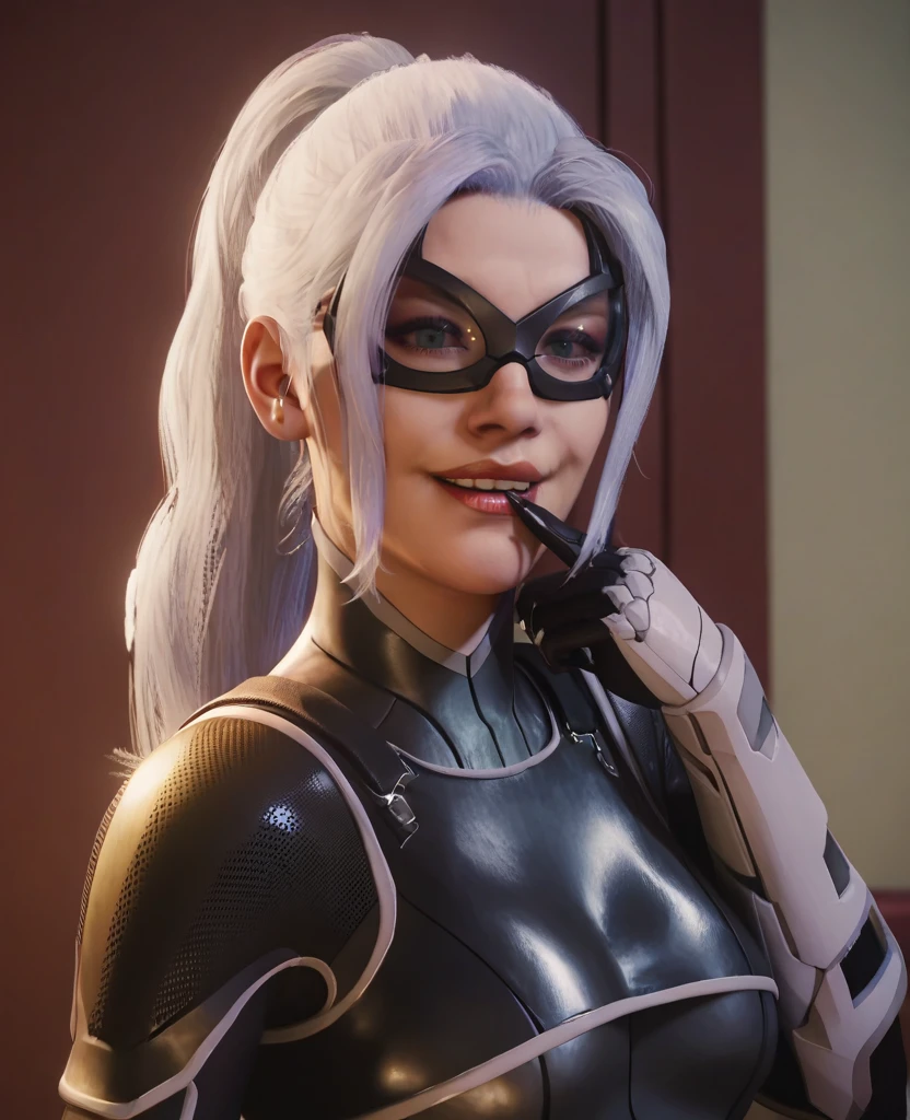score_9, score_8_up, score_7_up, masterpiece, absurdres, <lora:blackCat-000003:0.9> ,blackcat, 1girl, long hair, breasts, smile, braid, armor, lips, bodysuit, makeup, mask, lipstick, black bodysuit, ponytail,looking at viewer, portrait, teeth, finger biting,