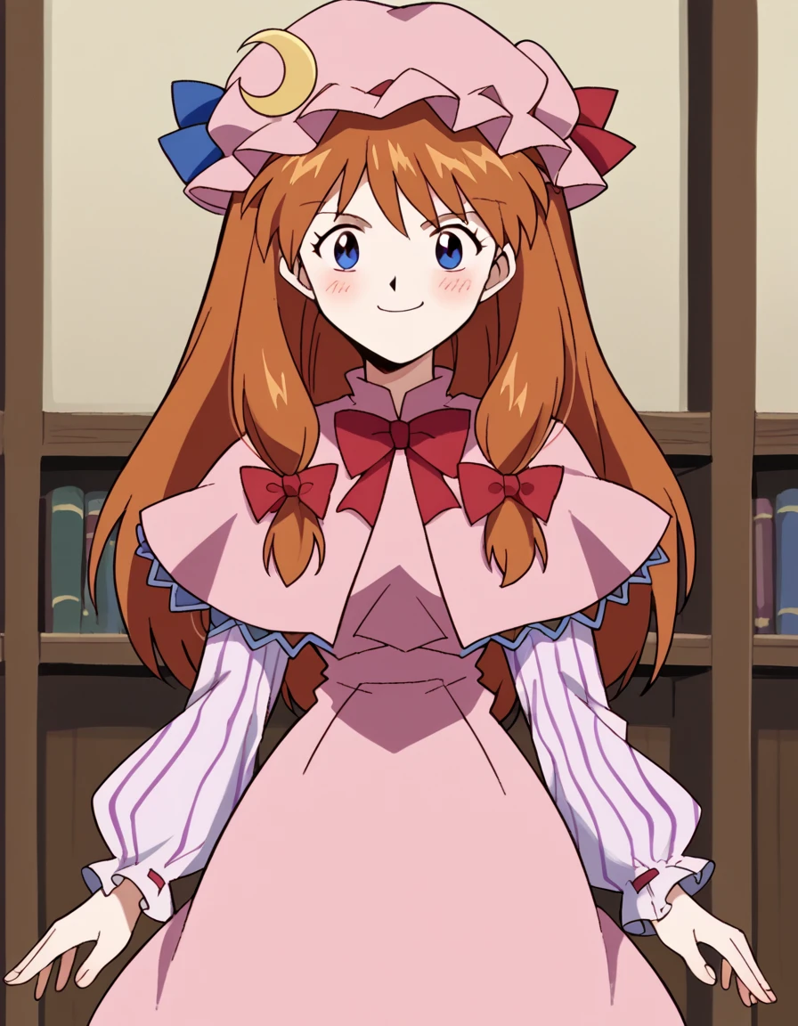 score_9, score_8_up, score_7_up, source_anime, asukalangleysoryu, <lora:asuka-langley-soryuu-classic-ponyxl-lora-nochekaiser:1>, asuka langley soryu, long hair, bangs, blue eyes, brown hair, hair ornament,, <lora:patchouli-knowledge-cosplay-ponyxl-lora-nochekaiser:1>, patchouliknowledgecosplay, patchouli knowledge \(cosplay\), blue bow, bow, crescent, crescent pin, dress, hair bow, hat, mob cap, pink dress, pink hat, red bow, capelet, long sleeves, frilled sleeves, frilled capelet, striped clothes, striped dress,, indoors, library, smile, blush,, cowboy shot, dutch angle, solo,