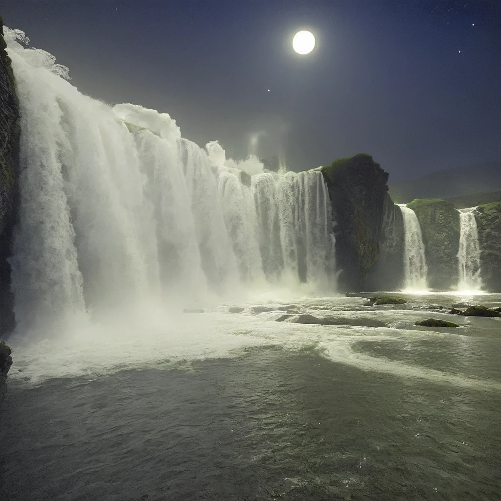 godafoss, waterfall, beautiful, moonlight, night, rainbow, wide angle <lora:Godafoss-000007:0.6>