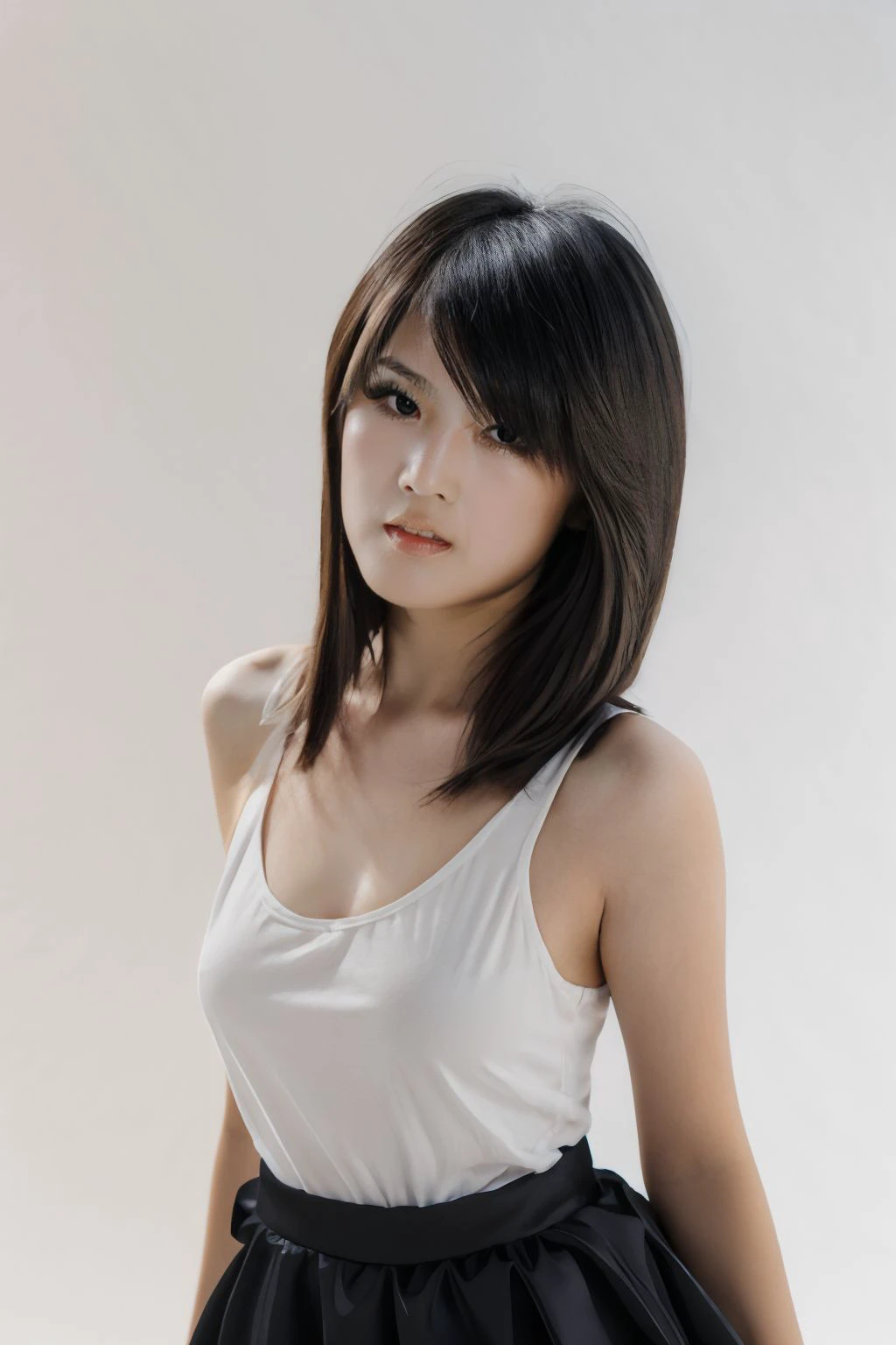 1girl, medium breasts, looking at viewer, realistic, photorealistic, black hair, black eyes, lips, jewelry, hyper detailed, super sharp, crisp, smooth, smooth gradients, depth of field, (in studio: 1.1), (white background: 1.1), <lora:kexin:1>, <lora:breastsizeslideroffset:-0.3>, <lora:add_detail_v5:1>,  sport dress, skirt,