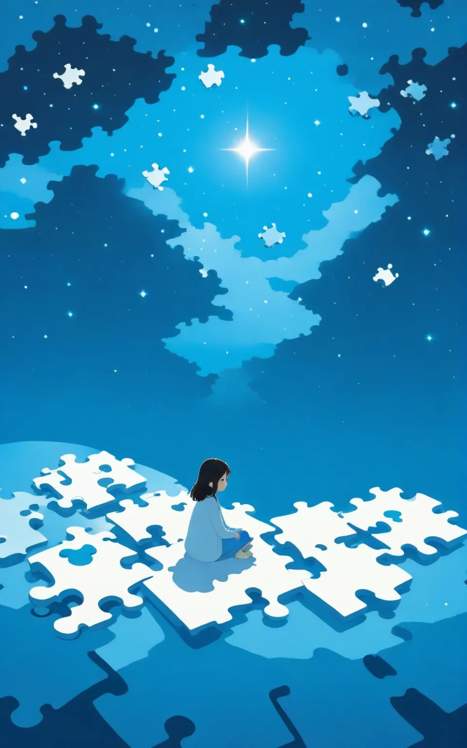 1girl,zyxch,
A starry-eyed girl sits next to a puzzle piece, styled as a glowing dreamlike scene, editorial illustration, under the puzzle piece is an abyss, Sou Fujimoto, deep sky blue and light black, bird's eye view Pictures, 3D puzzles, storybook illustrations
masterpiece, newest, absurdres,safe
<lora:zyshb:1>