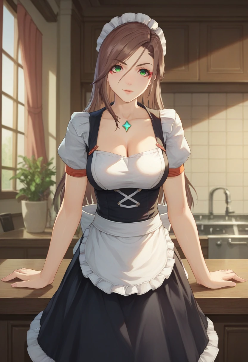 score_9, score_8_up, score_7_up, 1girl, solo, maid, chest jewel, dress, apron, green eyes, long hair, alexandria, looking at viewer, indoors <lora:alexandria xl 020 fro 995:1>