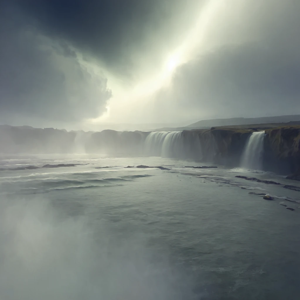 high res, 8k, masterpiece, godafoss, beautiful, night, dim moonlight, far away high angle, fog <lora:Godafoss-000007:0.5>