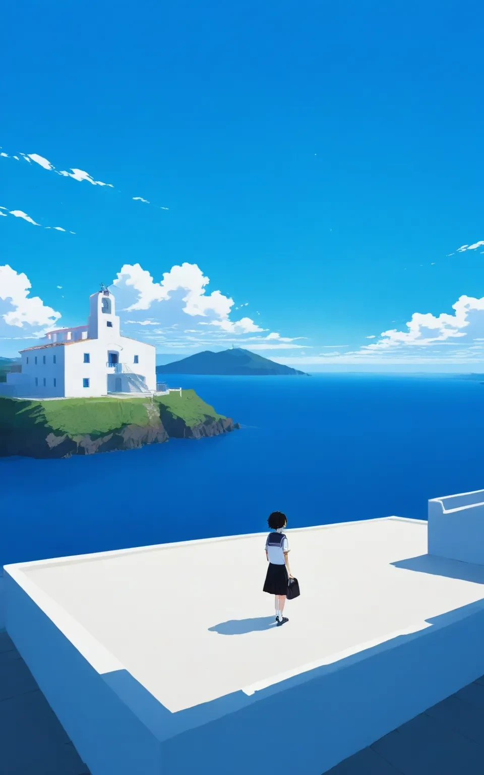 1girl, 
zyxch, outdoors, cloud, sky, skirt, white shirt, scenery, shirt, black hair, shadow, short hair, bag, from behind, shoes, black skirt, blue sky, short sleeves, wide shot, standing, horizon, black footwear
masterpiece, school uniform, water, serafuku, backpack, hill, facing away, kneehighs, day, solo, white socks, socks, sailor collar, ocean, 
newest, absurdres, safe
 <lora:zyshb:1>