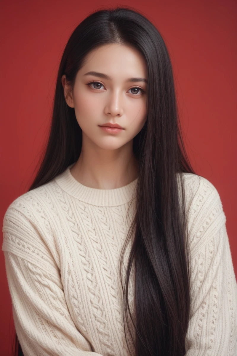 ,score_9,score_8_up,score_7_up, 20 years old, 8k, hd, beautiful girl, black hair, very long hair, straight hair, closed mouth,
1girl, detailed face, beautiful woman's face, sweater, red background, looking at viewer,