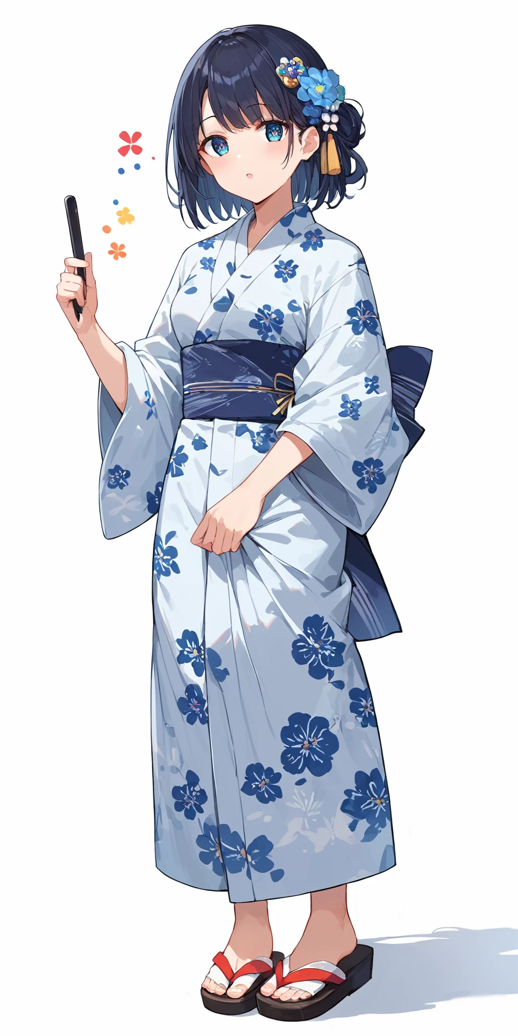 score_9, score_8_up, score_7_up,source_anime, high res image,masterpiece,best quality,woman,cute face,clear skin,shiny hair,ultra detailed eyes,simple background, <lora:yukata_pony_V1.0:0.5> jyojifuku, yukata, japanese clothes, floral print,hair ornament,sandals