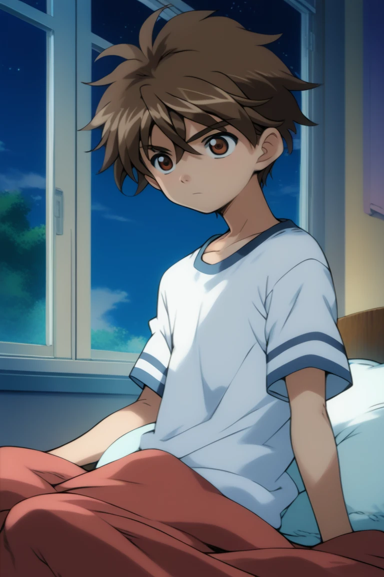 score_9, score_8_up, score_7_up, score_6_up, detailed, intricate details,best quality ,source_anime, cowboy shot,
dan_kuso, brown hair, brown eyes, 1boy, male focus, window, solo, brown hair, curtains, bed, shirt, night, indoors, short sleeves, white shirt, pillow, looking outside, sitting, blanket<lora:EMS-422566-EMS:1.000000>