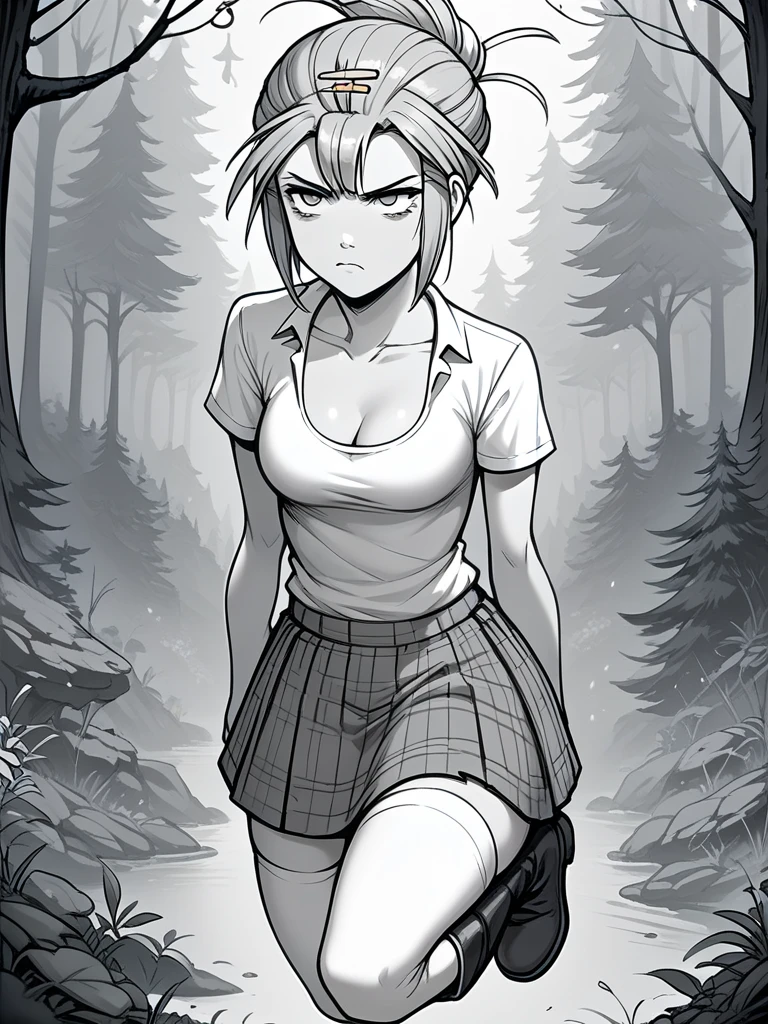 score_9, score_8_up, score_7_up, score_6_up, exclusive color, action scene, grayscale ((ghostly)) 1girl, annoyed talia, hairclip, simple shirt, small breasts, cleavage, gray plaid skirt, white thighhighs, black tall boots, falling, forest background, looking away from viewer