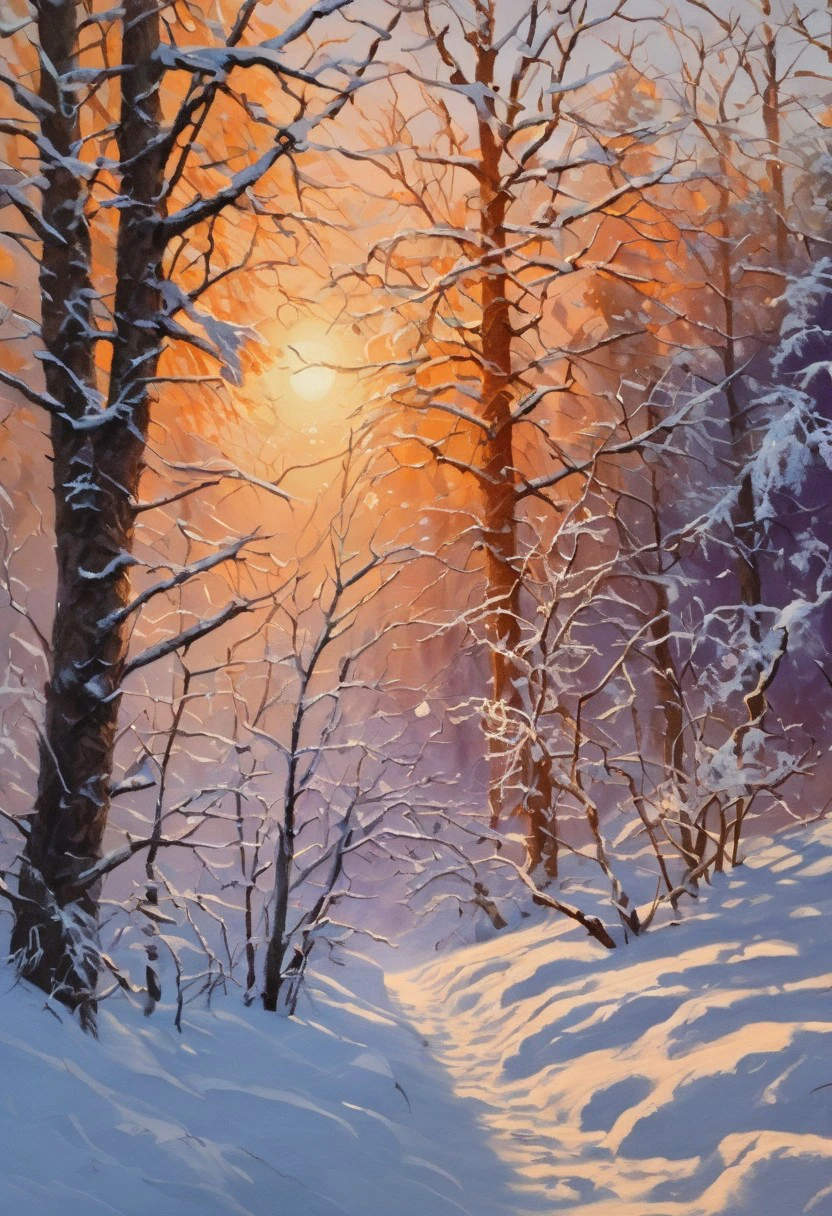 tree, shadow, spot color, fog, forest, sky, scenery, sun, blue sky, snow flakes, bush, rock, root, cinematic lighting,orange light, purple shadows, consept art , highly detailed, oil painting