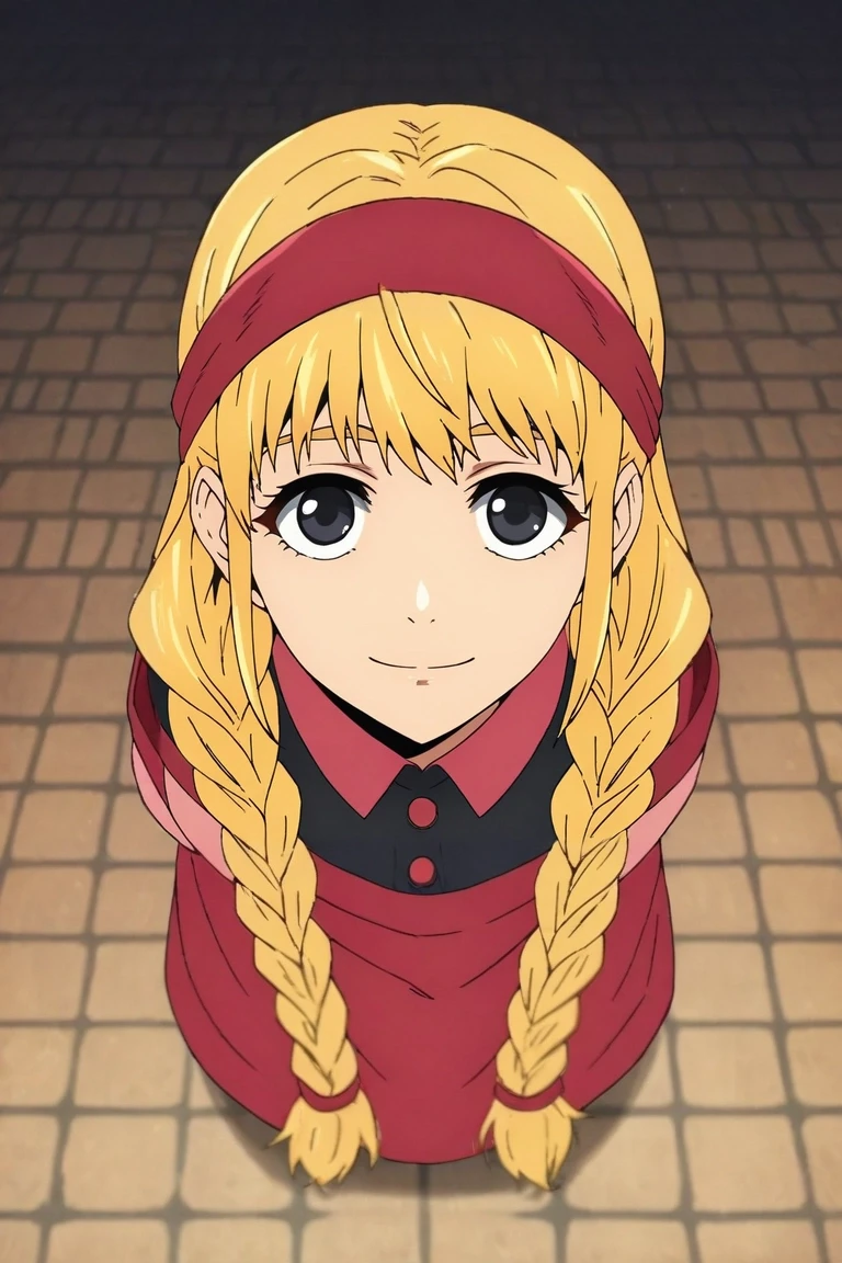 zPDXL, score_9, score_8_up, score_7_up, rating_safe, intricate details, looking at viewer, depth of field, 1girl, black eyes, blonde hair, twin braids, headband,, solo, from above, prairie, dawn, leaning forward, smile, <lora:kami_no_tou_style_pony:0.88>, kami_no_tou_style, , <lora:sdxl_lightning_8step_lora:1>