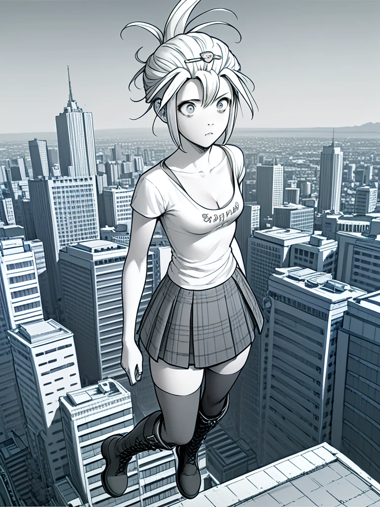 score_9, score_8_up, score_7_up, score_6_up, selective color, colored city, cover photo, comic art, selective color, (monochrome ghostly:1.8 1girl) talia, floating, hairclip, pale skin, simple shirt, small breasts, cleavage, plaid skirt, thighhighs, black tall boots, standing sideways, (city during sunset:1.3 background)