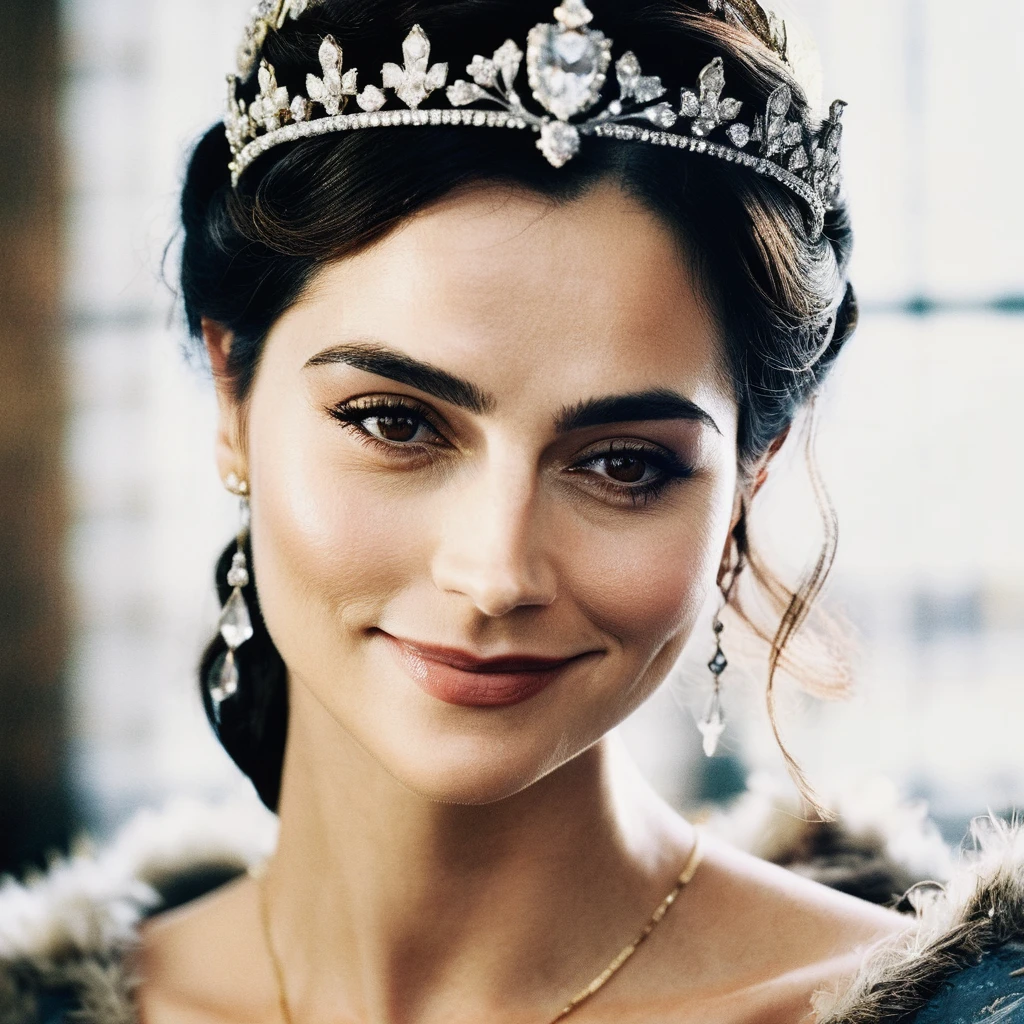 (Skin texture),High quality,Closeup face portrait photo, analog, film grain, actress dressed as a medieval queen with a delicate diamond tiara,regal, bright smile,  jenxcolemn,   <lora:jencoleman_juggerX_xl_1_wocap_merger_23_145_merger_106_045_055-jenxcolemn:1>