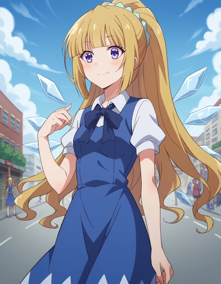 score_9, score_8_up, score_7_up, source_anime, keikaruizawa, <lora:kei-karuizawa-anime-s2-ponyxl-lora-nochekaiser:1>, kei karuizawa, long hair, bangs, blunt bangs, purple eyes, blonde hair, hair ornament, ponytail, scrunchie, blue scrunchie,, <lora:cirno-cosplay-ponyxl-lora-nochekaiser:1>, cirnocosplay, cirno \(cosplay\), blue dress, dress, ice, ice wings, ribbon, short sleeves, wings,, outdoors, street, smile, blush,, cowboy shot, dutch angle, solo,