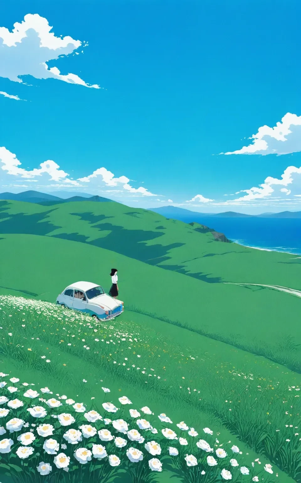 1girl, 1girl, 
zyxch, outdoors motor vehicle, flower, car, sky, cloud, day, scenery, field, blue sky, white flower, black hair, solo, skirt, grass, shirt, white shirt
masterpiece, shore, standing, flower field, grey skirt, from behind, hill, black socks, facing away, socks, cumulonimbus cloud, horizon, short sleeves, landscape, 
newest, absurdres, safe
 <lora:zyshb:1>