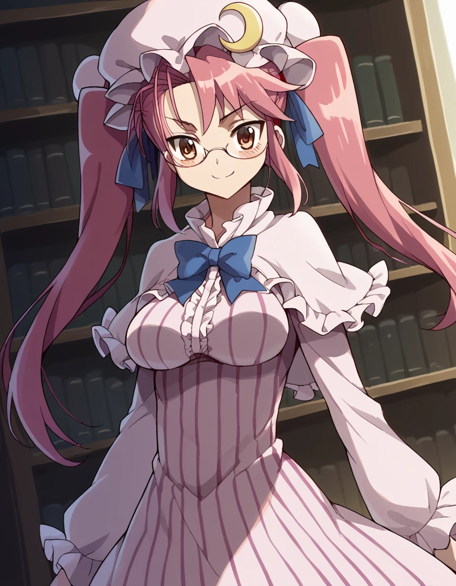 score_9, score_8_up, score_7_up, source_anime, sayatakagi, <lora:saya-takagi-ponyxl-lora-nochekaiser:1>, saya takagi, long hair, ribbon, twintails, brown eyes, hair ribbon, pink hair, glasses, large breasts,, <lora:patchouli-knowledge-cosplay-ponyxl-lora-nochekaiser:1>, patchouliknowledgecosplay, patchouli knowledge \(cosplay\), blue bow, bow, crescent, crescent pin, dress, hair bow, hat, mob cap, pink dress, pink hat, red bow, capelet, long sleeves, frilled sleeves, frilled capelet, striped clothes, striped dress,, indoors, library, smile, blush,, cowboy shot, dutch angle, solo,