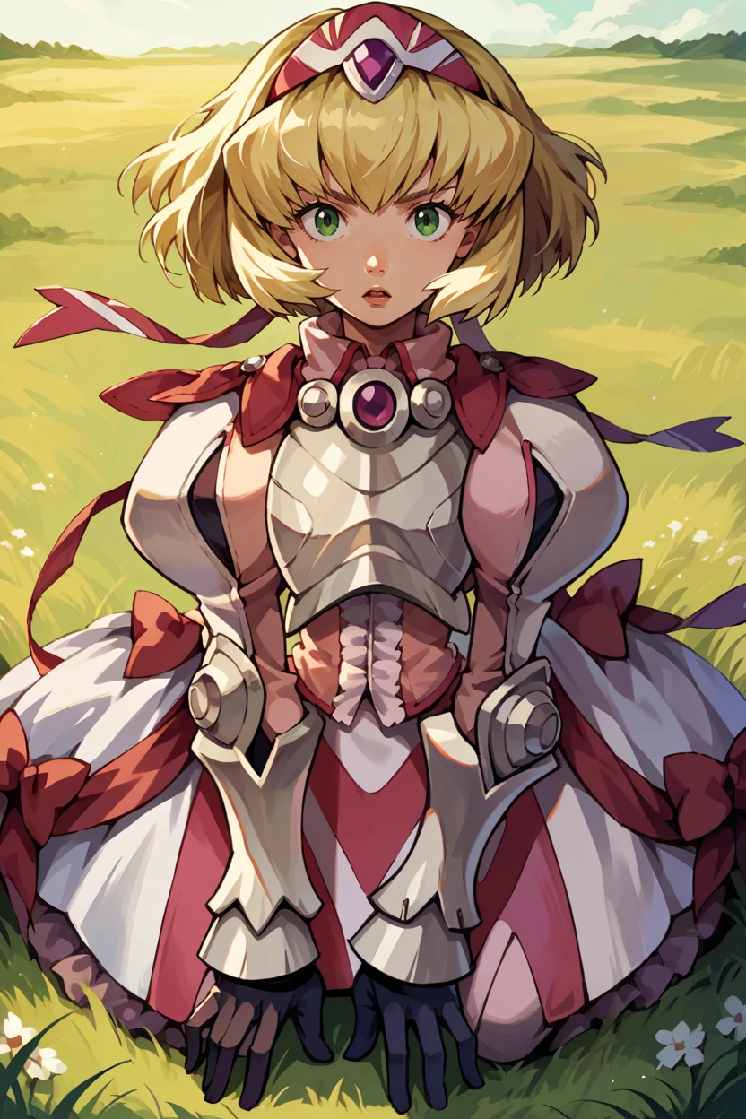 score_9, score_8_up, score_7_up, score_6_up, source_anime, 1girl, solo,  <lora:xfalexia-pdxl-nvwls-v1-000005:1> fenAlexia, short hair, blonde hair, hair ornament, gauntlets, armored dress, red bow, black gloves, kneeling, looking at you, chestnut mouth, field, grass