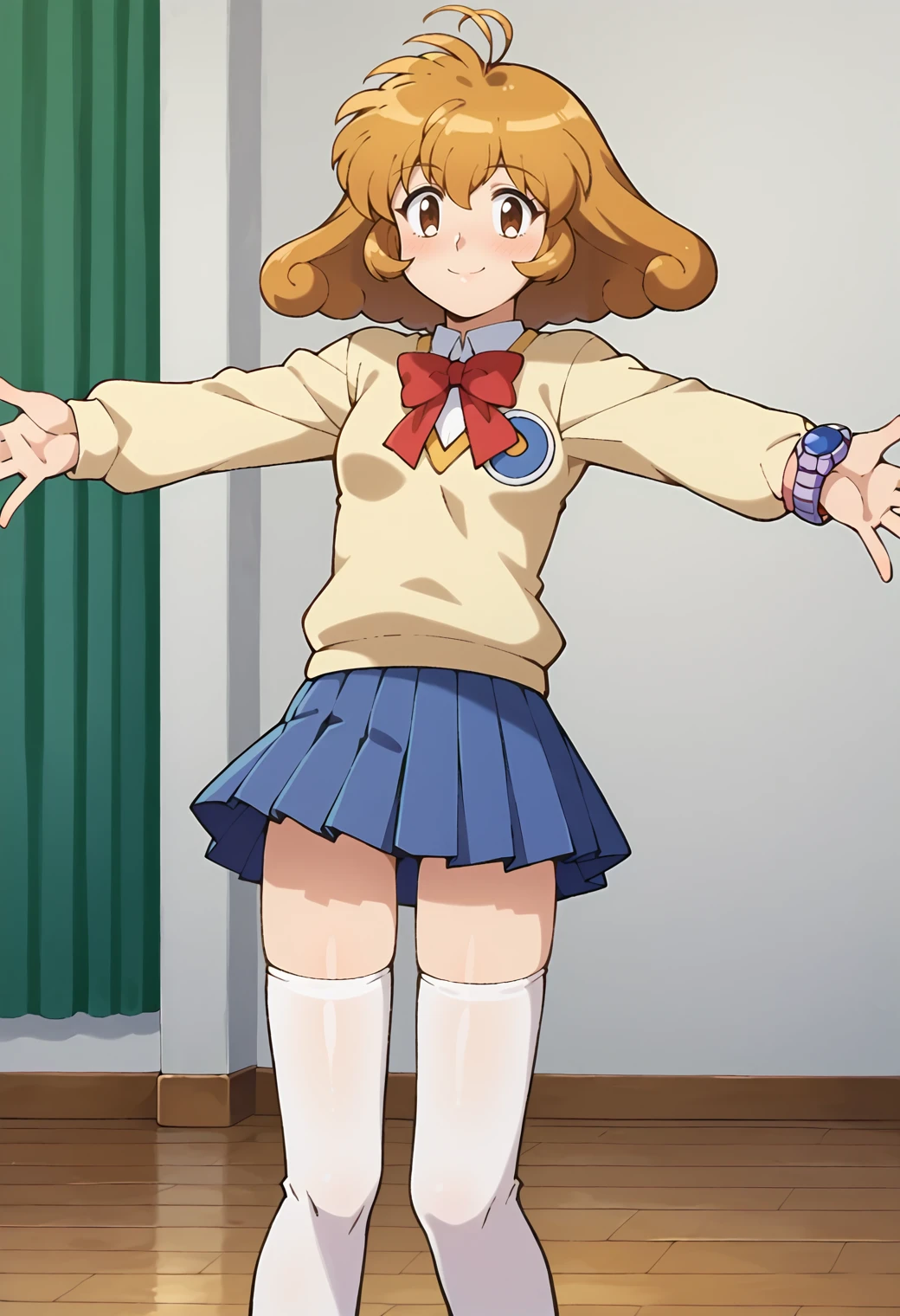score_9, score_7_up, hd, (ultra hd quality details), source_anime, indoors,
solo, 1girl, kasugayuidef, antenna hair,
kasugayuidef, antenna hair, school uniform, beige sweater, long sleeves, blue skirt, pleated skirt, white thighhighs, wristwatch,
looking at viewer, blush, smile,
standing, spread arms,
<lora:_kasuga_yui-elesico-pony:0.9>