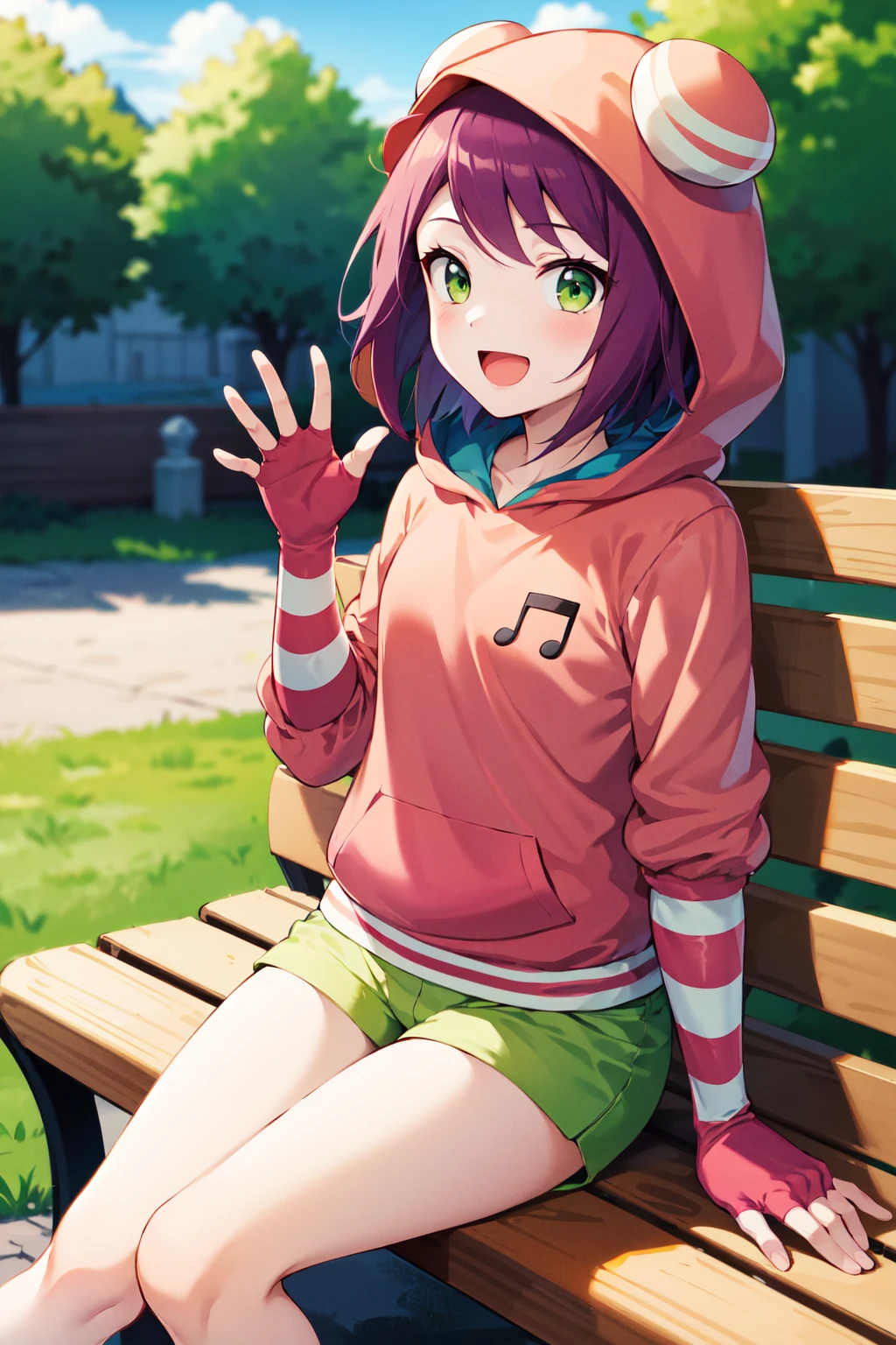 masterpiece, best quality, highres, 1girl, solo, short hair, purple hair, green eyes, hood up, pink hoodie, musical note, elbow gloves, striped gloves, fingerless gloves, green shorts, <lora:hibiki_misora_(harp_note)_v1:0.7>, waving, sitting, outdoors, bench, smile, open mouth,