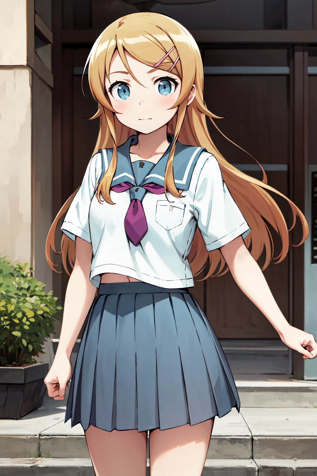 masterpiece, best quality, highres, aakirino, long hair, hairclip, school uniform, grey sailor collar, purple neckerchief, white shirt, short sleeves, pleated skirt, grey skirt, <lora:kousaka_kirino_v1:0.7>, standing, cowboy shot,