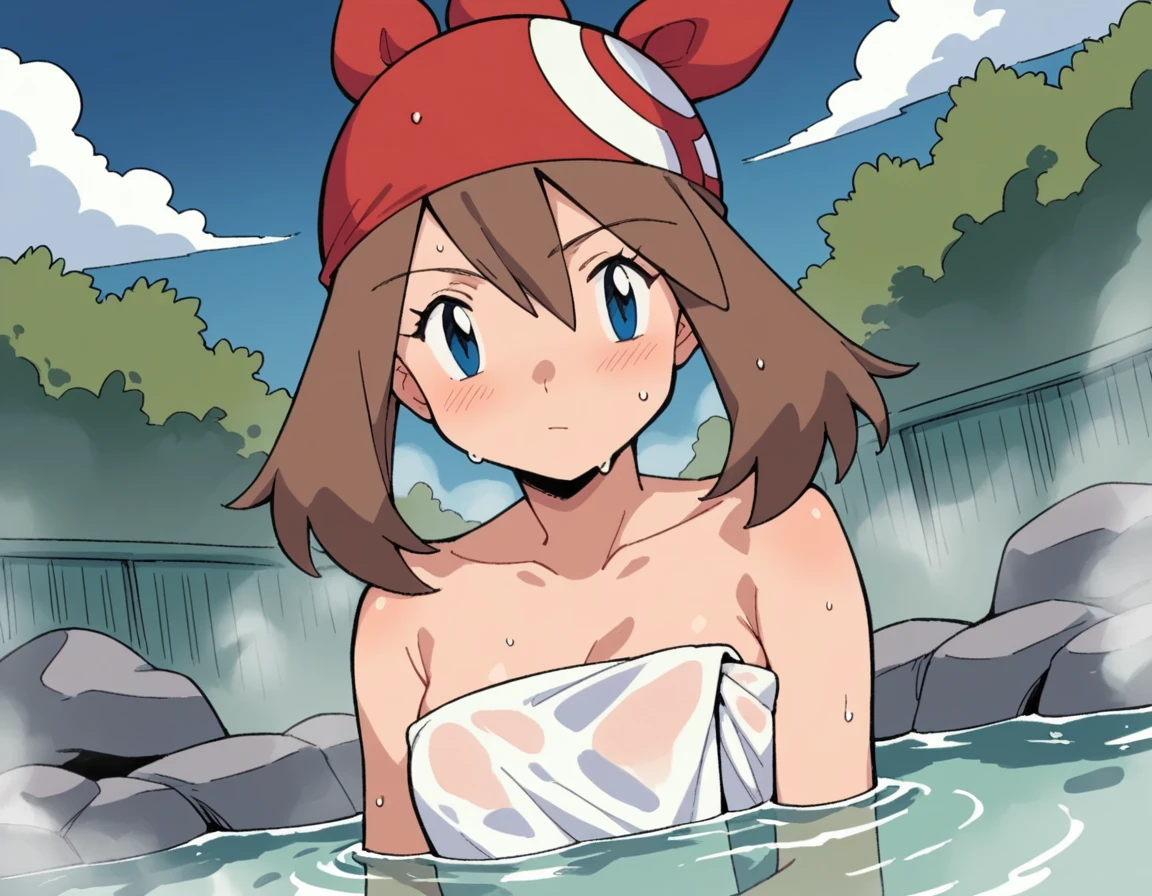 score_9, score_8_up, score_7_up, source_anime, <lora:pokemon-may-anime-ponyxl-lora-nochekaiser:1>, pokemonmay, blue eyes, brown hair, bandana, long hair, red bandana, twintails, hair between eyes,, nude, naked, outdoors, onsen, towel, naked towel, steam, bathing, nude cover, partially submerged, water, bath, steam censor, wet towel, blush, looking at viewer, solo, cowboy shot, dutch angle